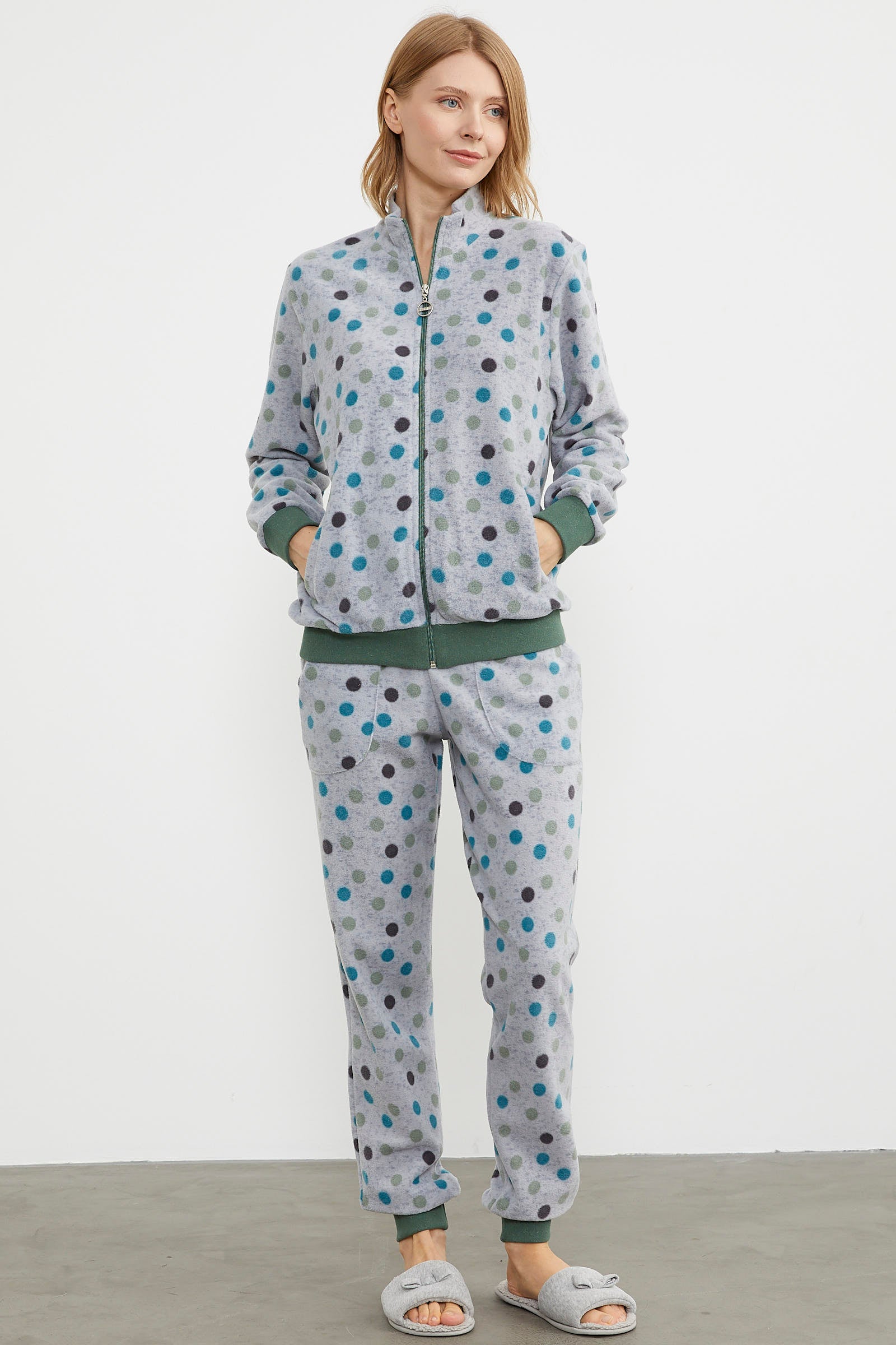 Renkli Puantiyeli Polar Eşofman Takım - Yeşil (3) Sementa