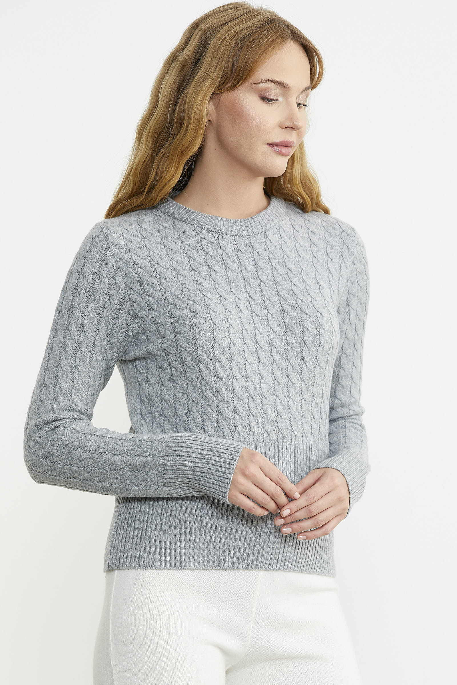 Saç Örgü Beli Oturmalı Triko Kazak - Gri - Sementa