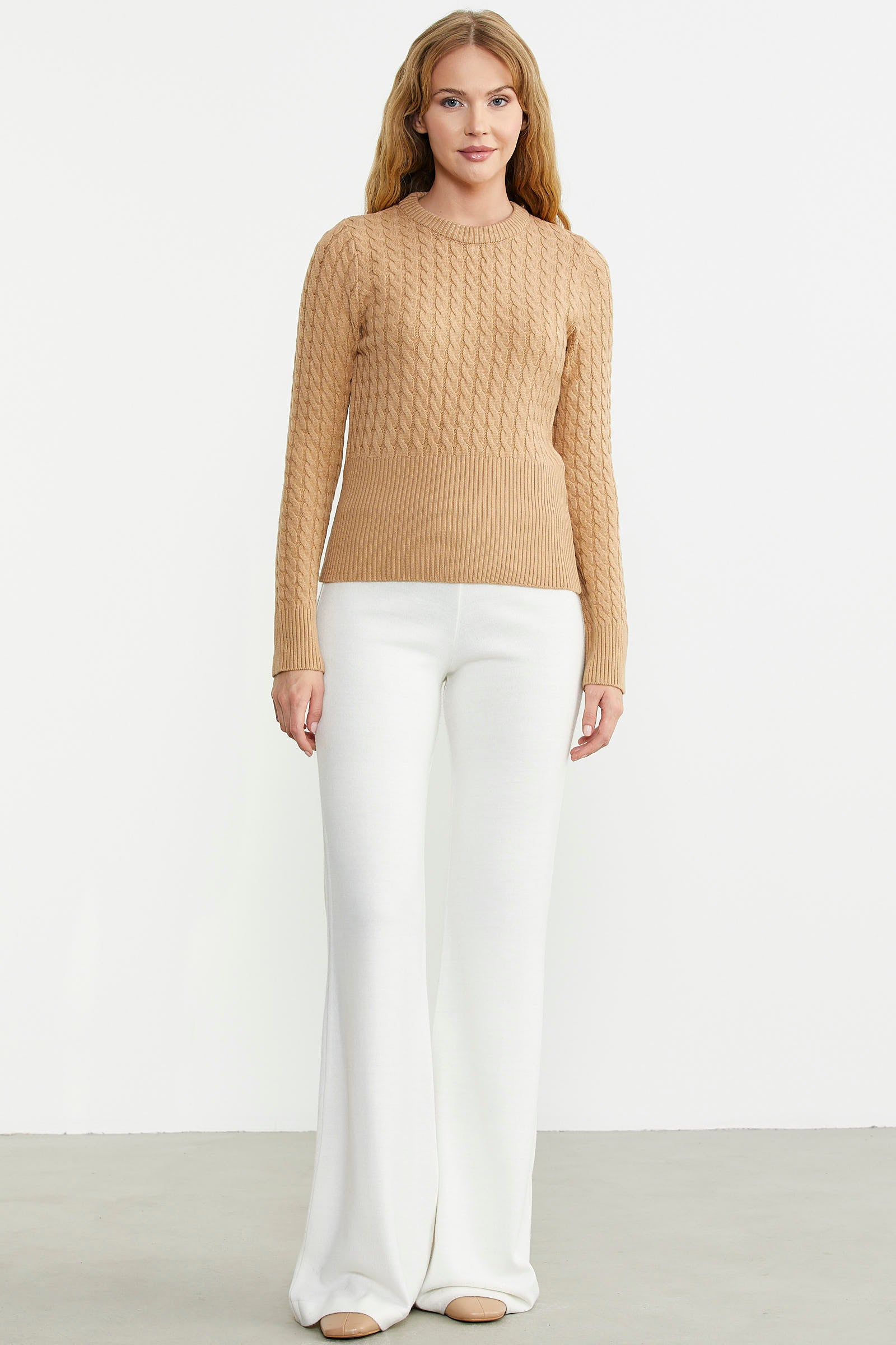 Saç Örgü Beli Oturmalı Triko Kazak - Kamel - Sementa