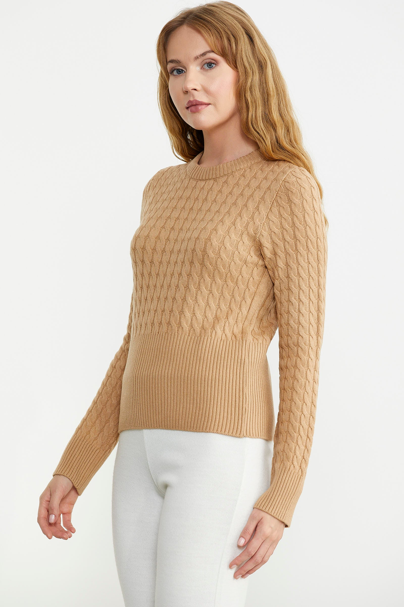 Saç Örgü Beli Oturmalı Triko Kazak - Kamel - Sementa