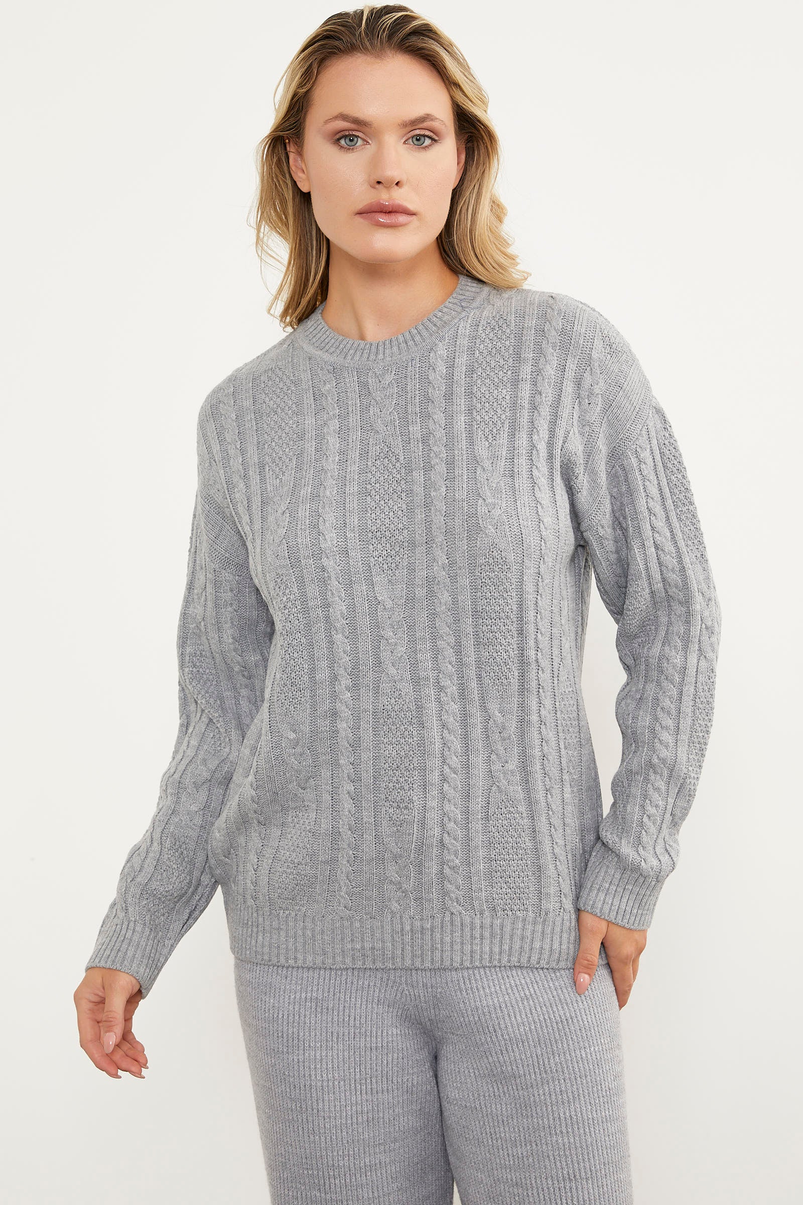 Saç Örgü Detaylı Basic Triko Kazak - Gri (2) Sementa