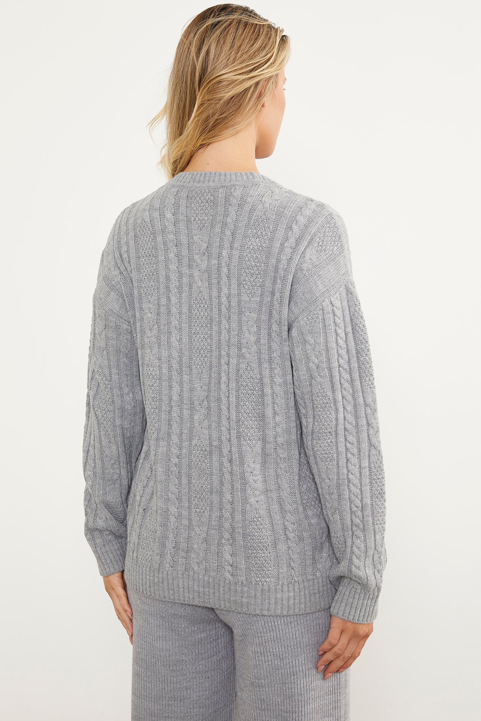 Saç Örgü Detaylı Basic Triko Kazak - Gri (8) Sementa