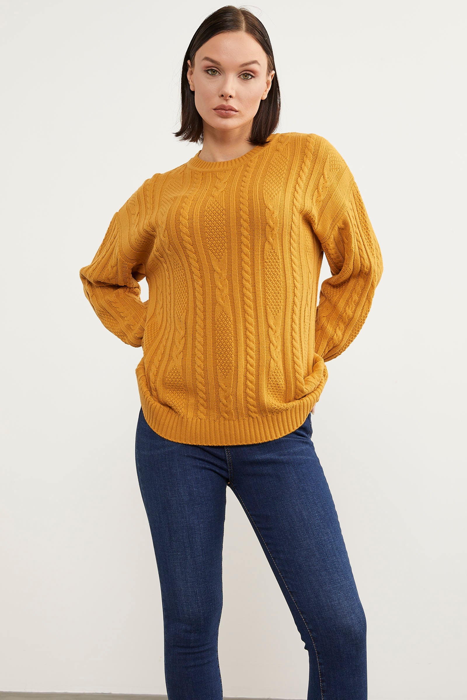 Saç Örgü Detaylı Basic Triko Kazak - Güneş (2) Sementa