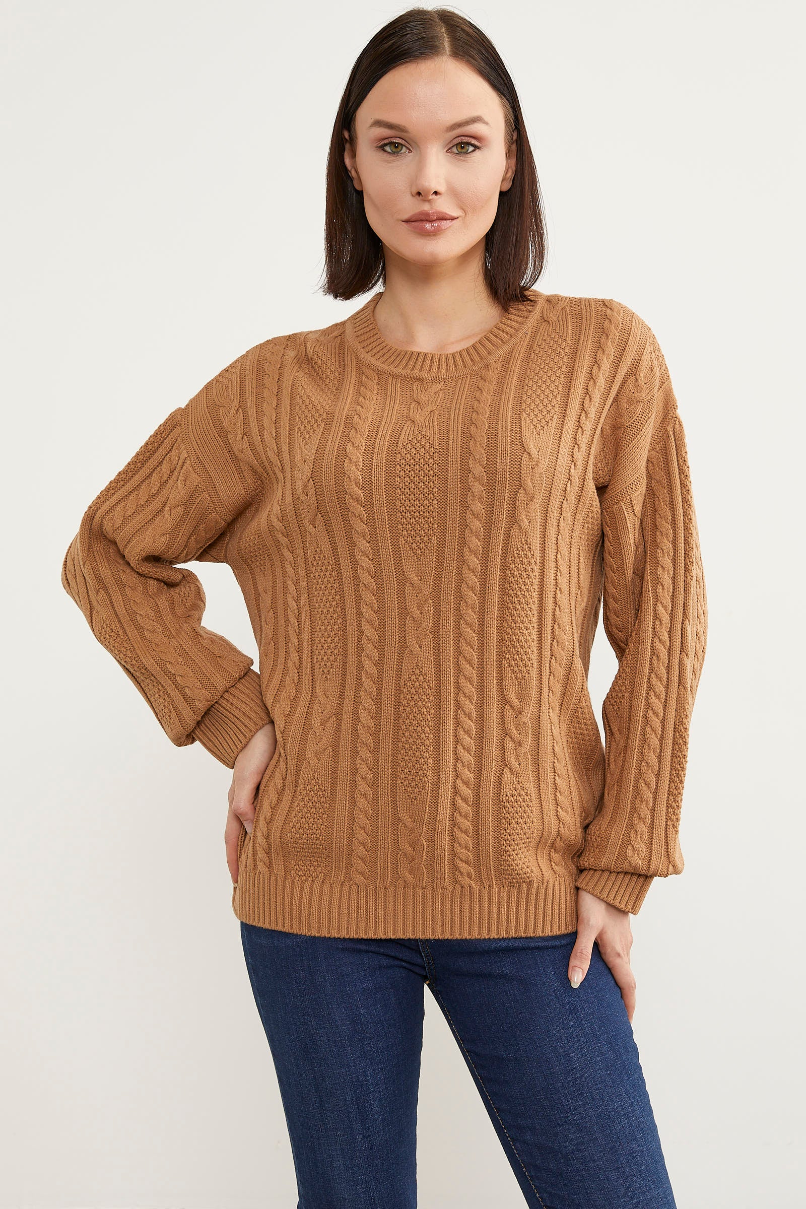 Saç Örgü Detaylı Basic Triko Kazak - Kamel (1) Sementa