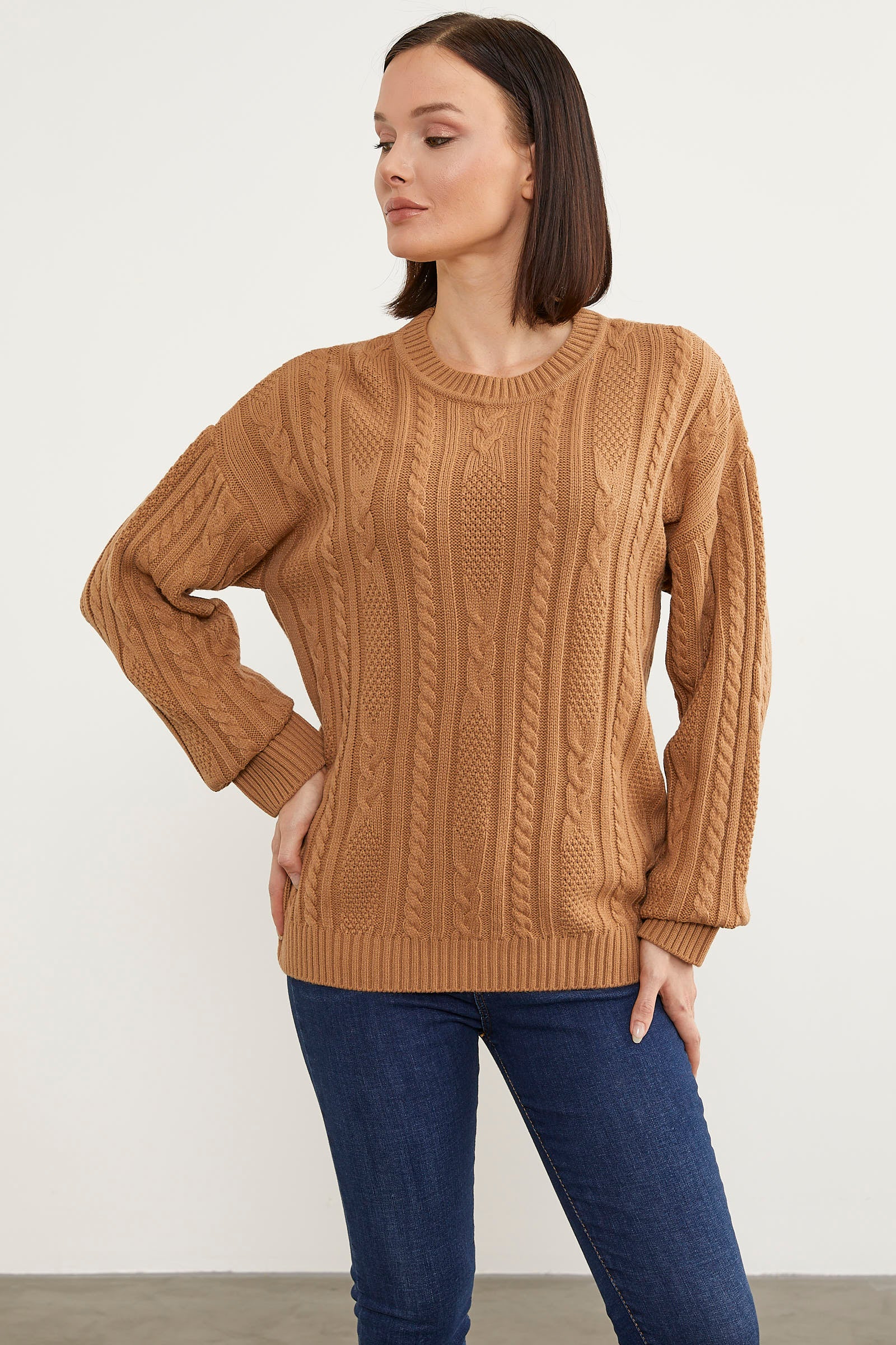 Saç Örgü Detaylı Basic Triko Kazak - Kamel (2) Sementa