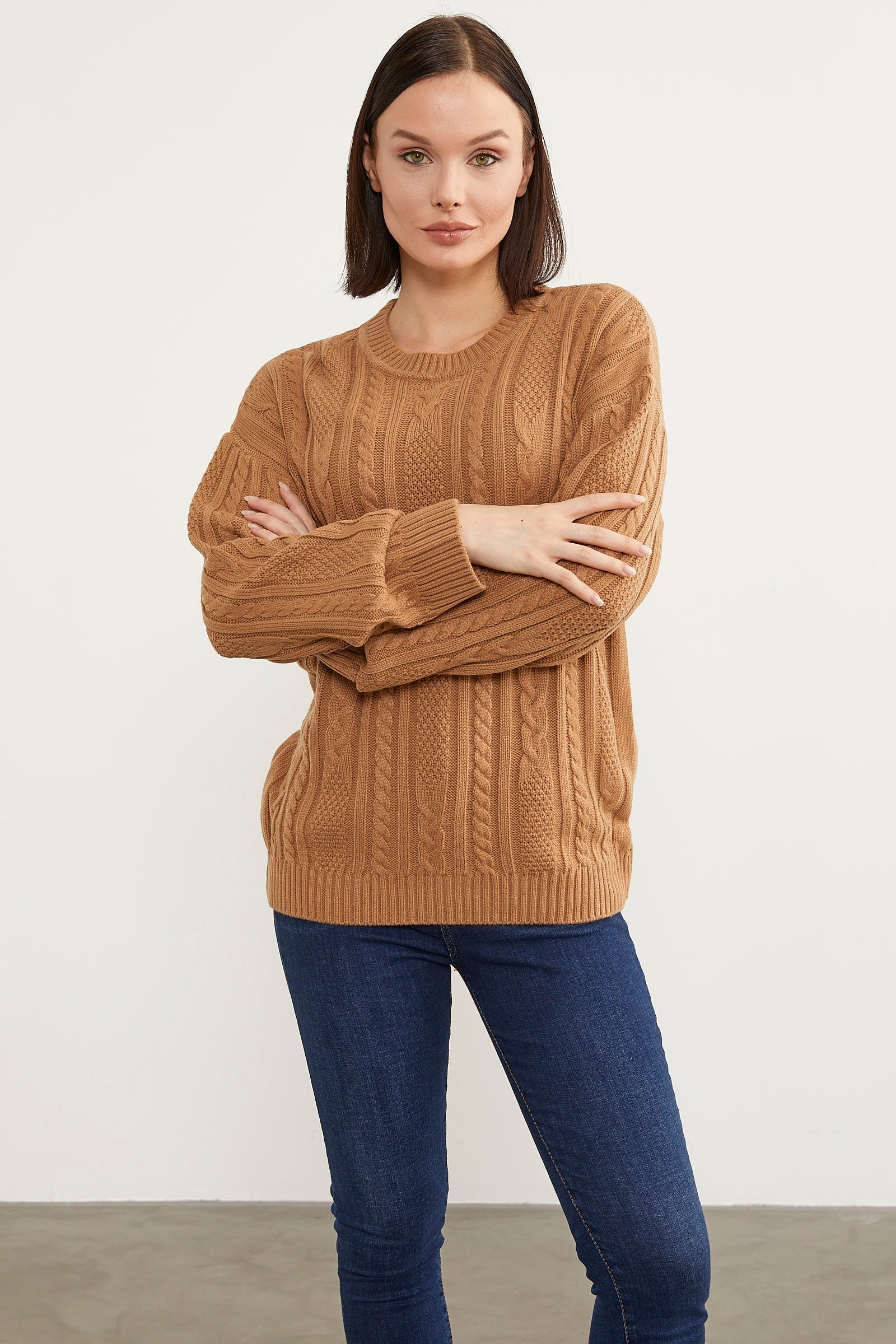 Saç Örgü Detaylı Basic Triko Kazak - Kamel (3) Sementa