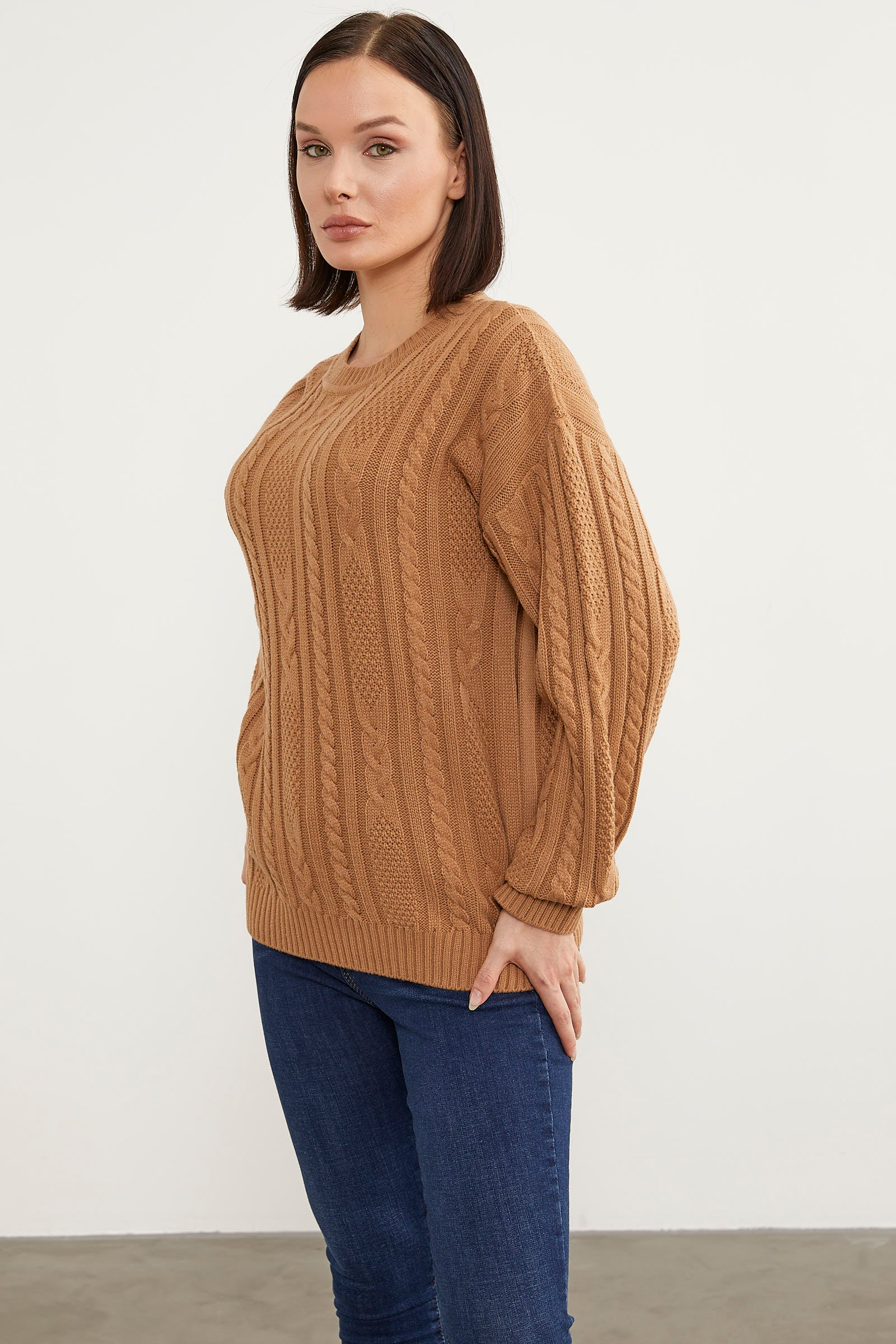 Saç Örgü Detaylı Basic Triko Kazak - Kamel (4) Sementa