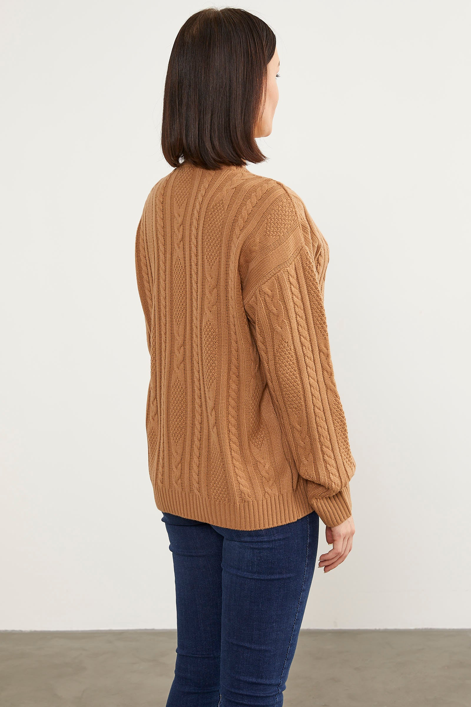 Saç Örgü Detaylı Basic Triko Kazak - Kamel (5) Sementa