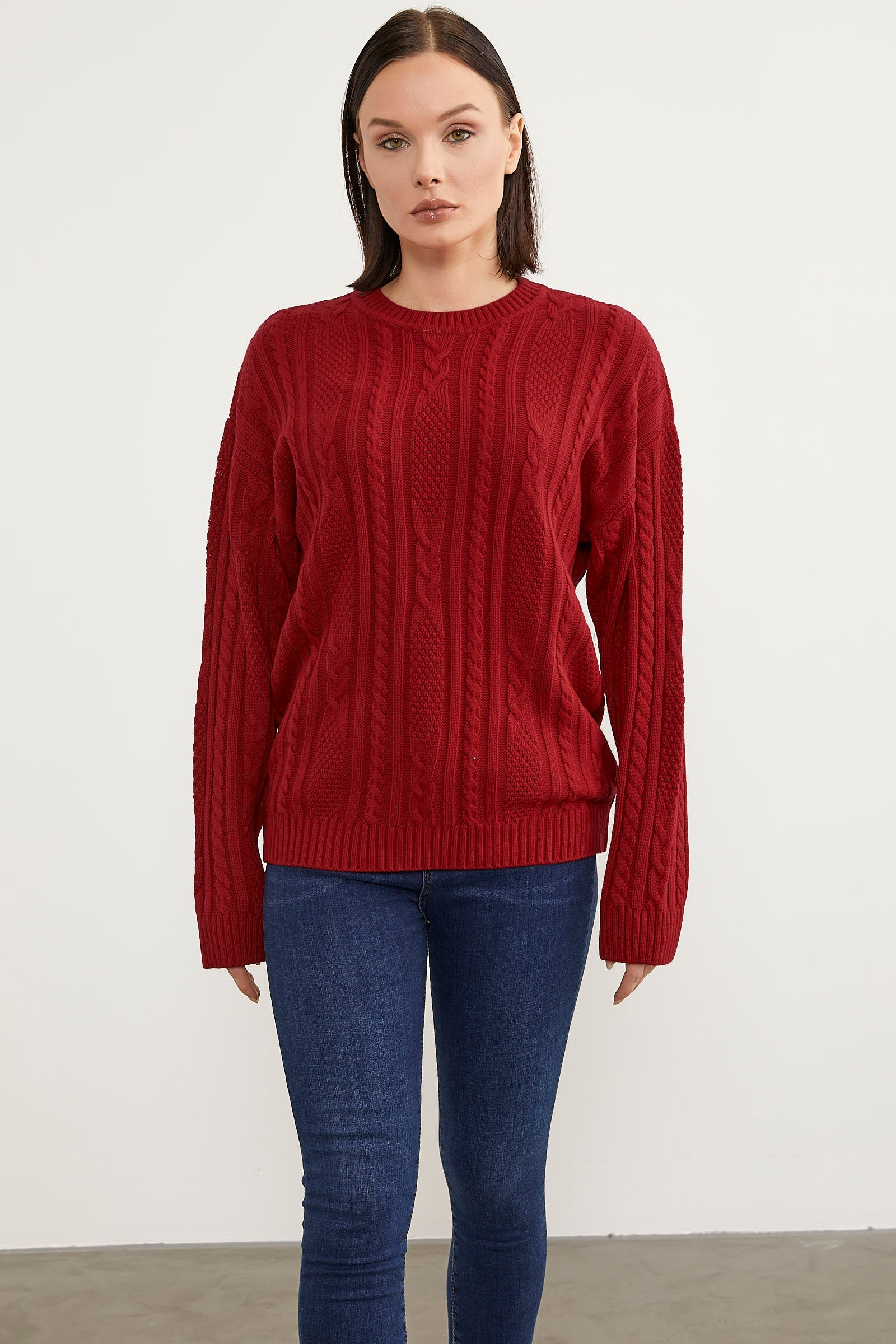 Saç Örgü Detaylı Basic Triko Kazak - Kırmızı (1) Sementa