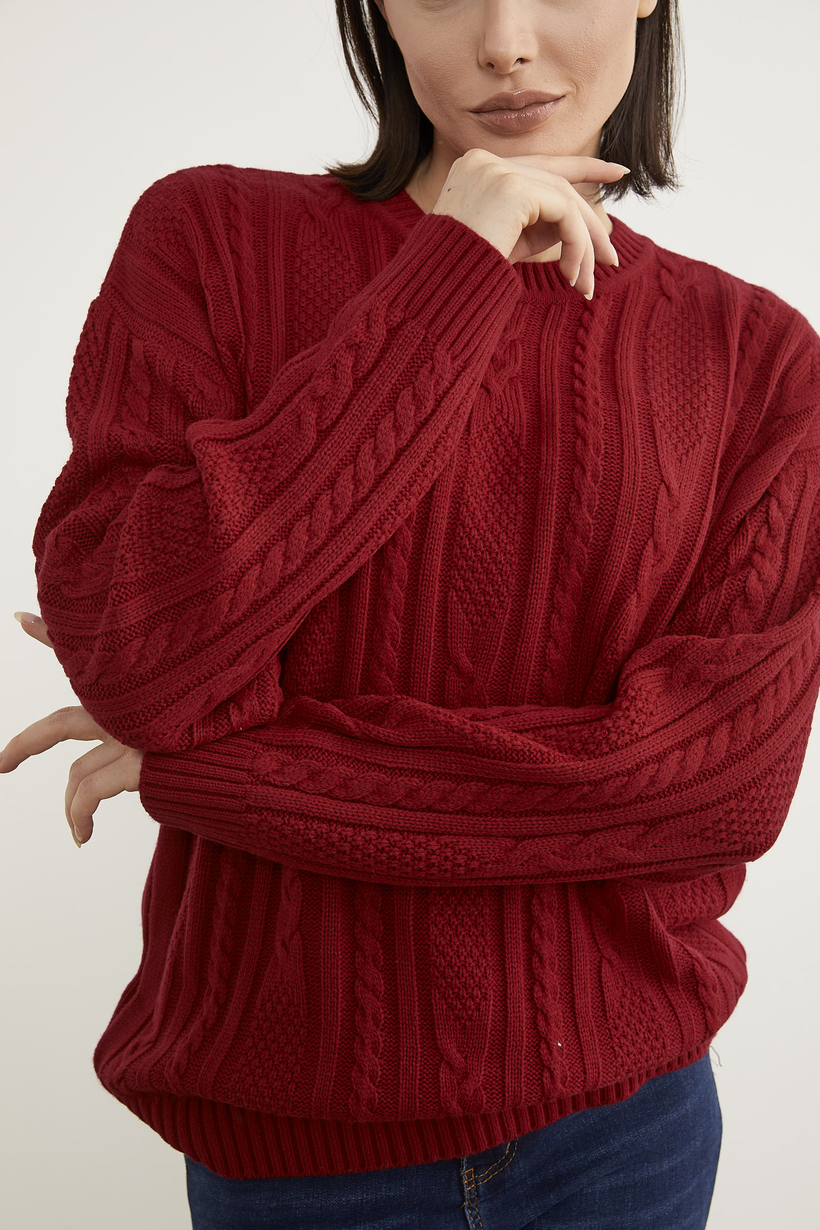 Saç Örgü Detaylı Basic Triko Kazak - Kırmızı (6) Sementa