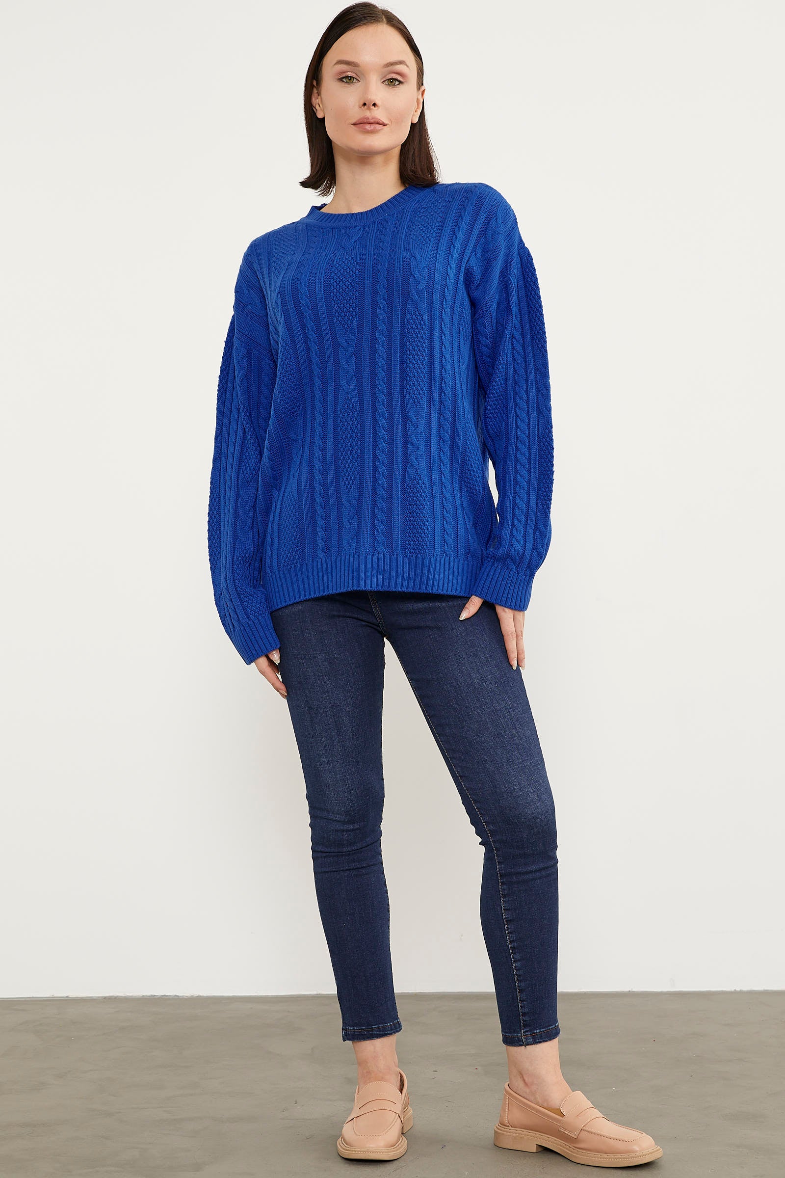 Saç Örgü Detaylı Basic Triko Kazak - Saks (1) Sementa