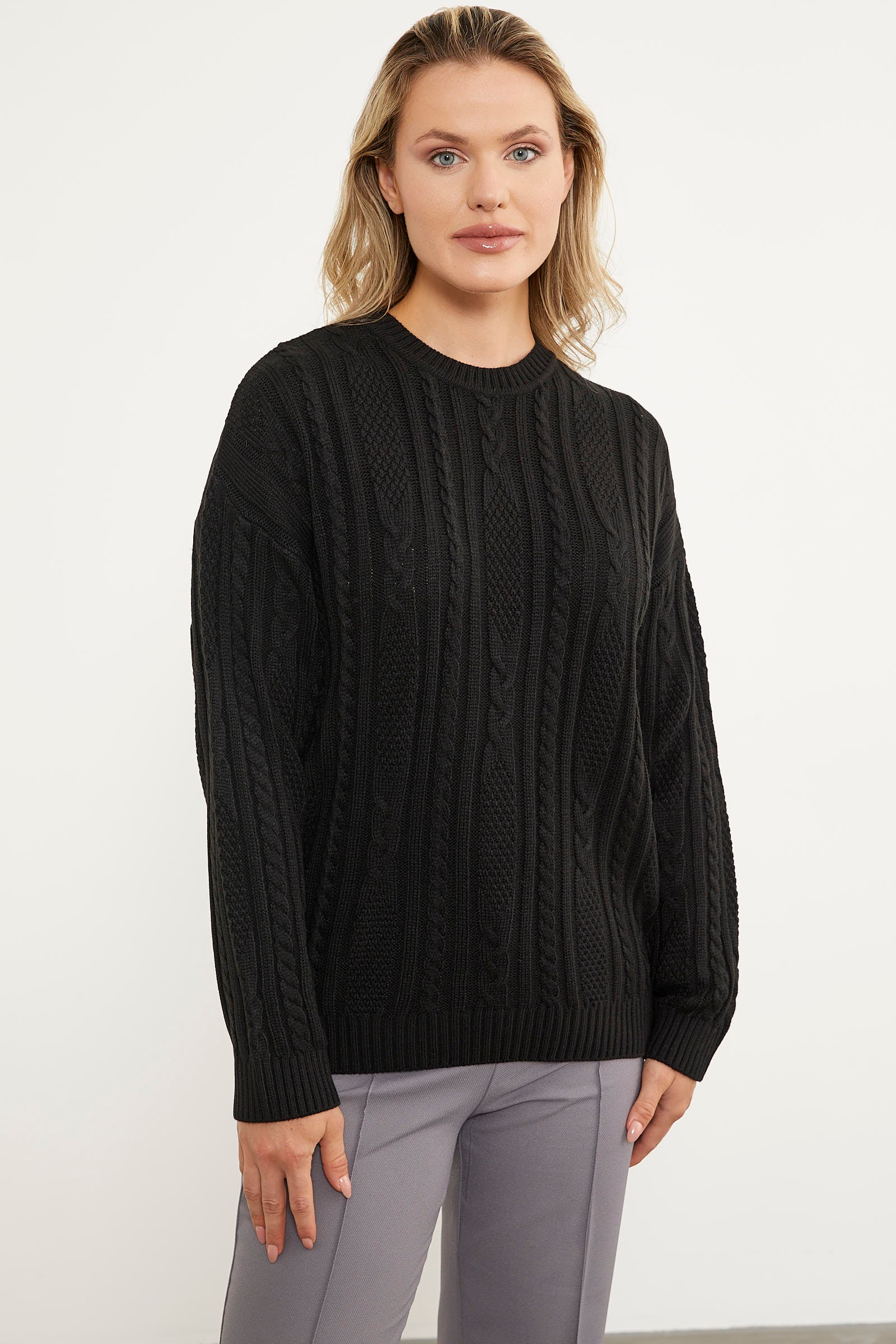 Saç Örgü Detaylı Basic Triko Kazak - Siyah (1) Sementa