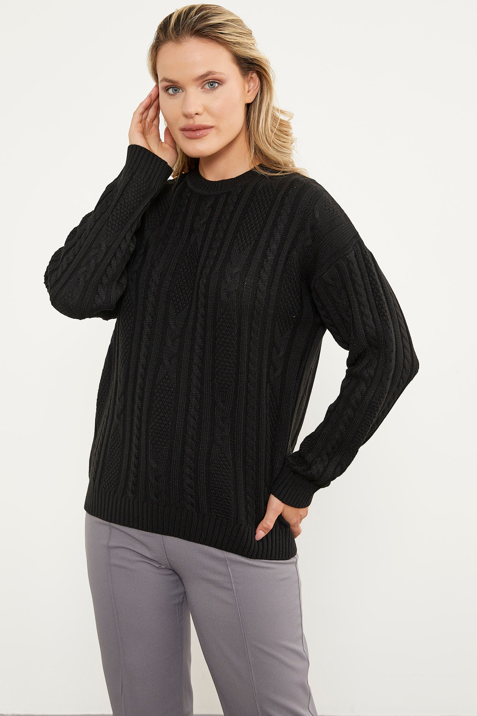 Saç Örgü Detaylı Basic Triko Kazak - Siyah (2) Sementa