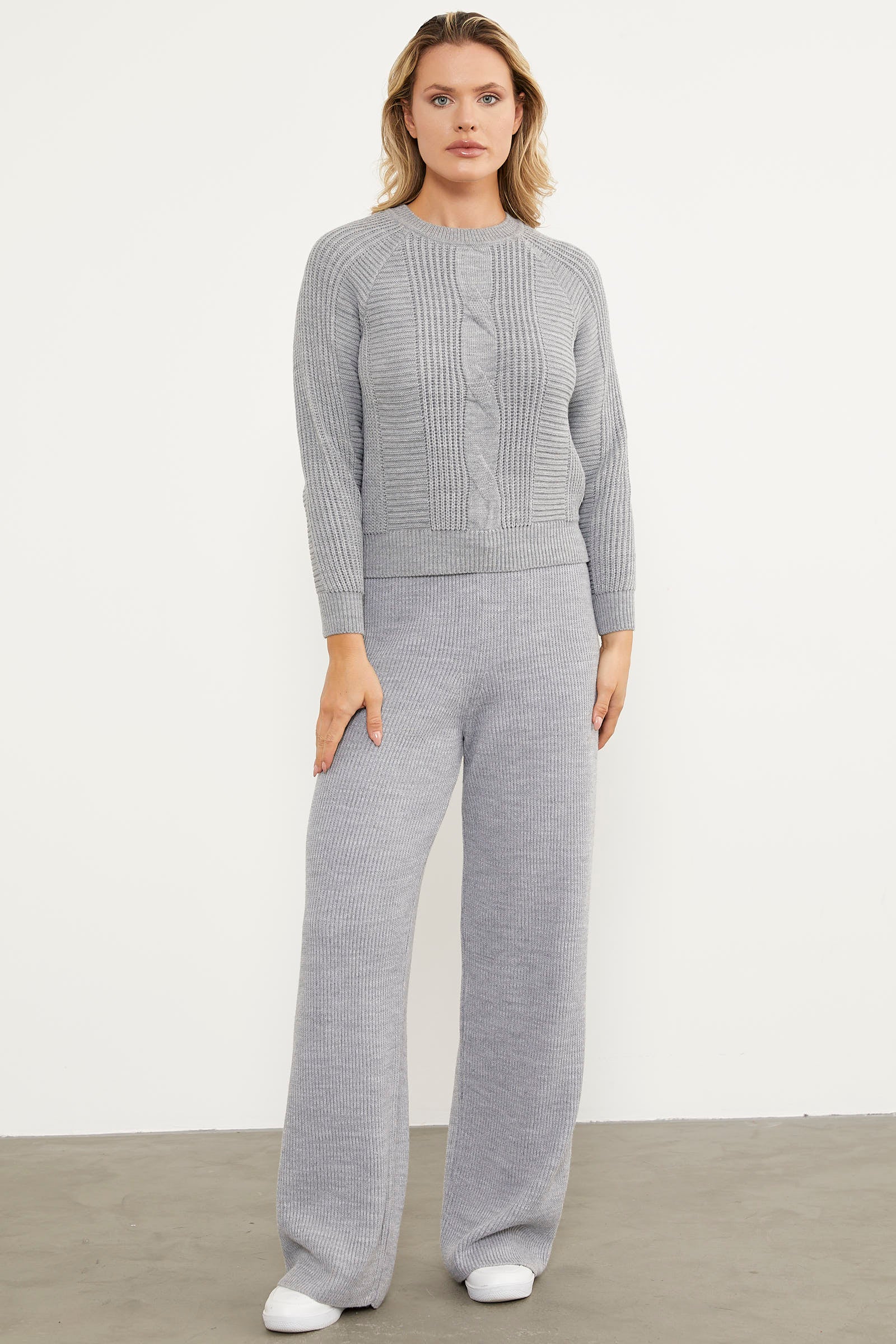 Saç Örgü Detaylı Triko Kazak - Gri (3) Sementa