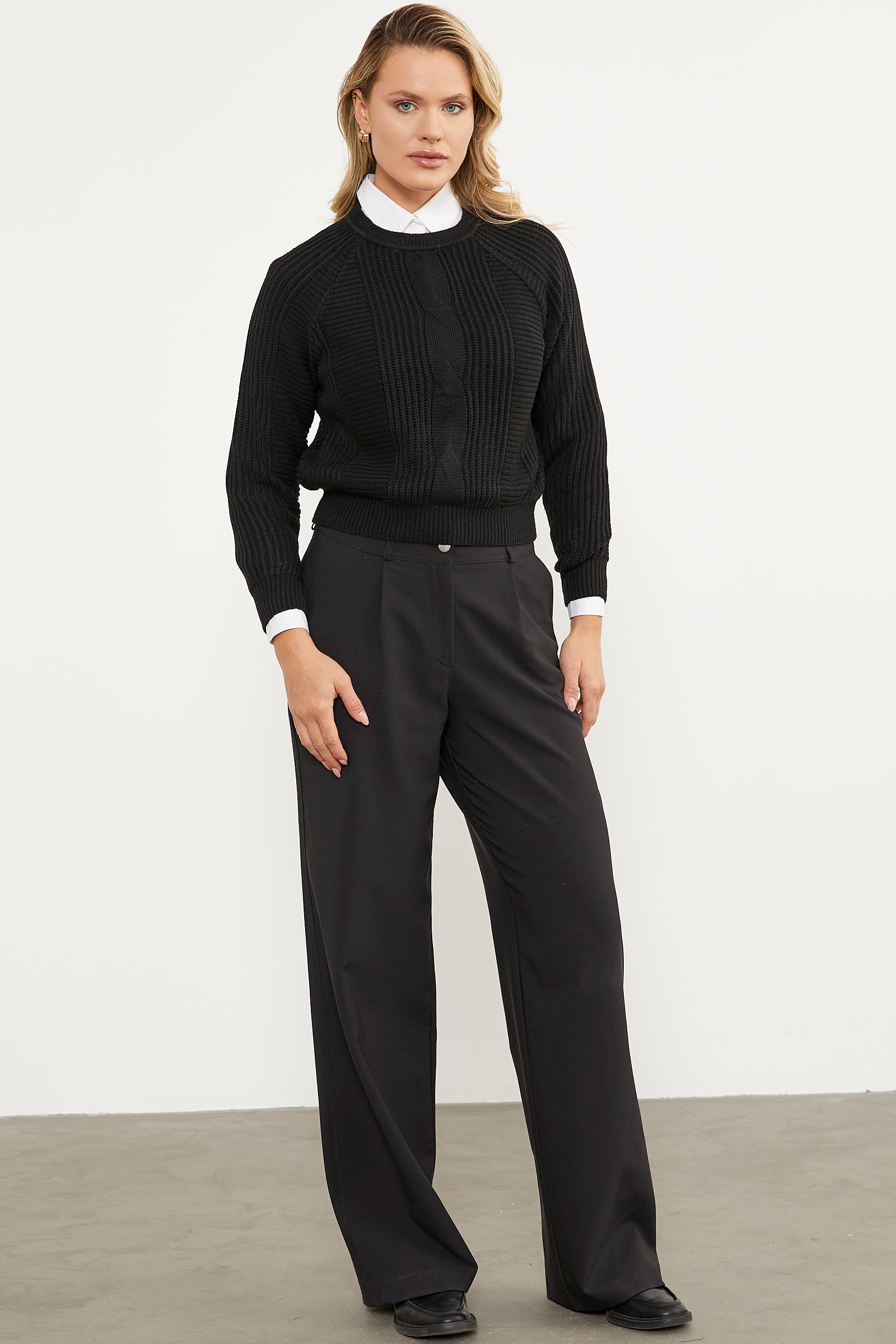 Saç Örgü Detaylı Triko Kazak - Siyah (4) Sementa