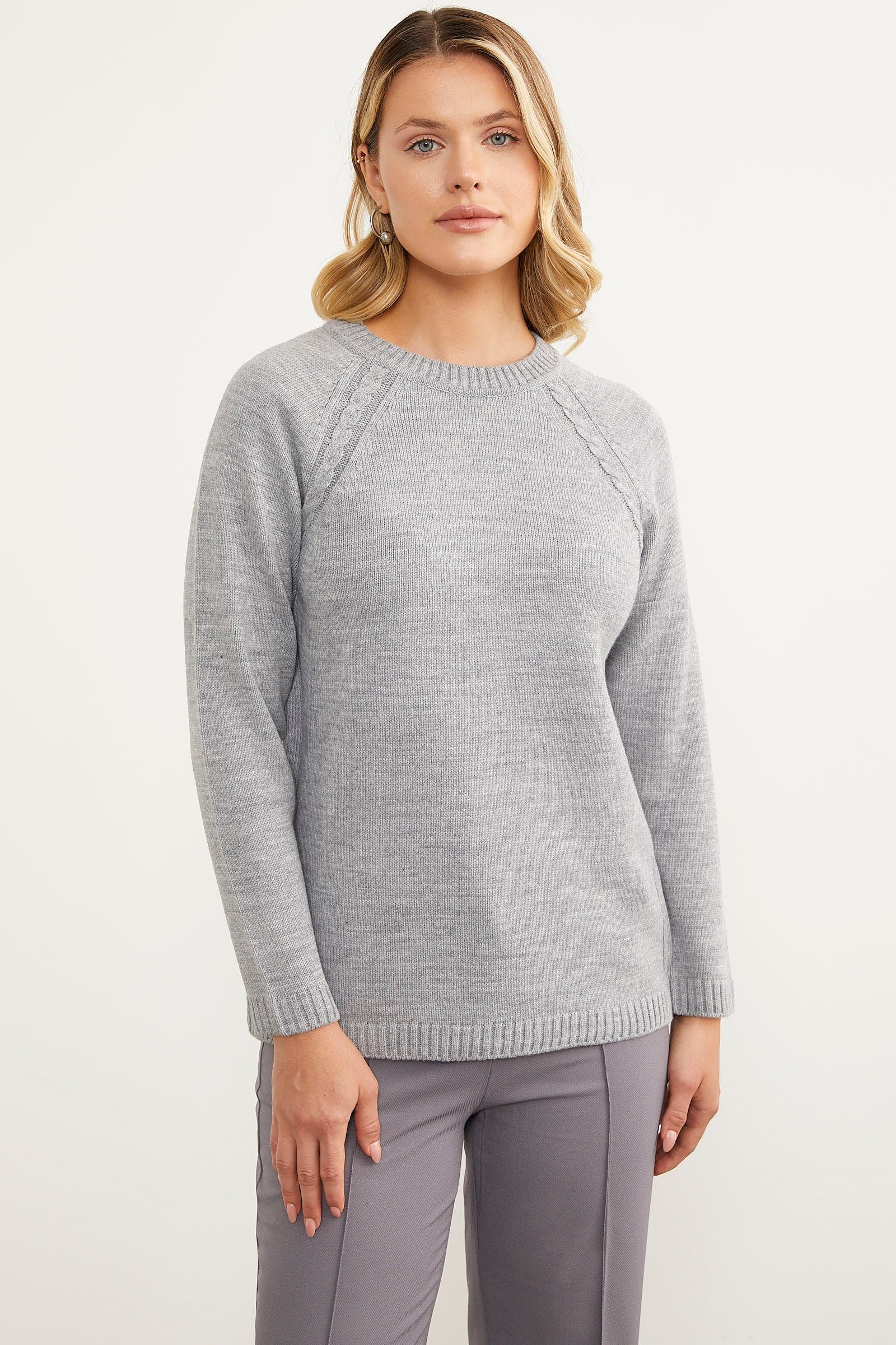 Saç Örgü Detaylı Tunik Triko Kazak - Gri (1) Sementa