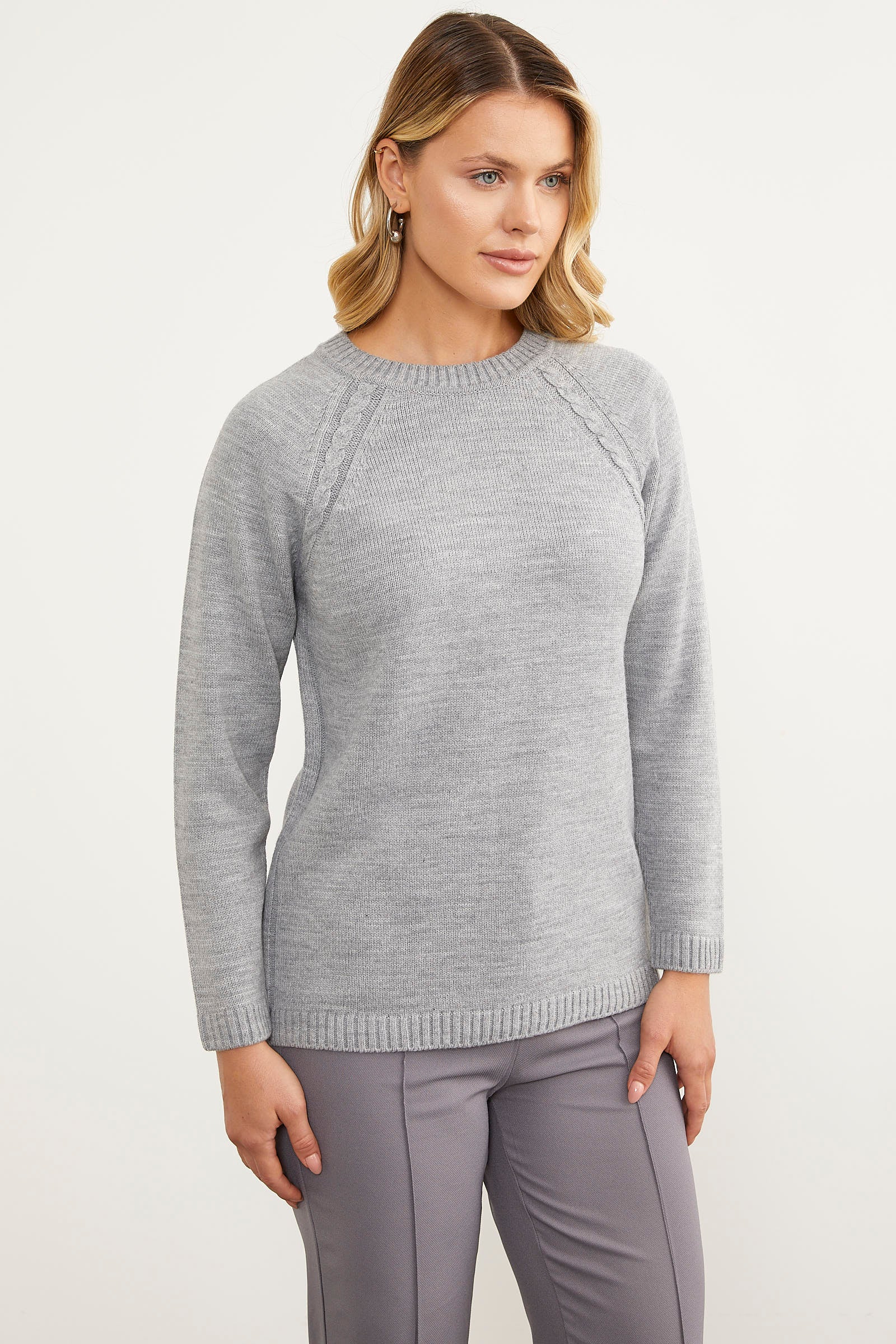 Saç Örgü Detaylı Tunik Triko Kazak - Gri (2) Sementa