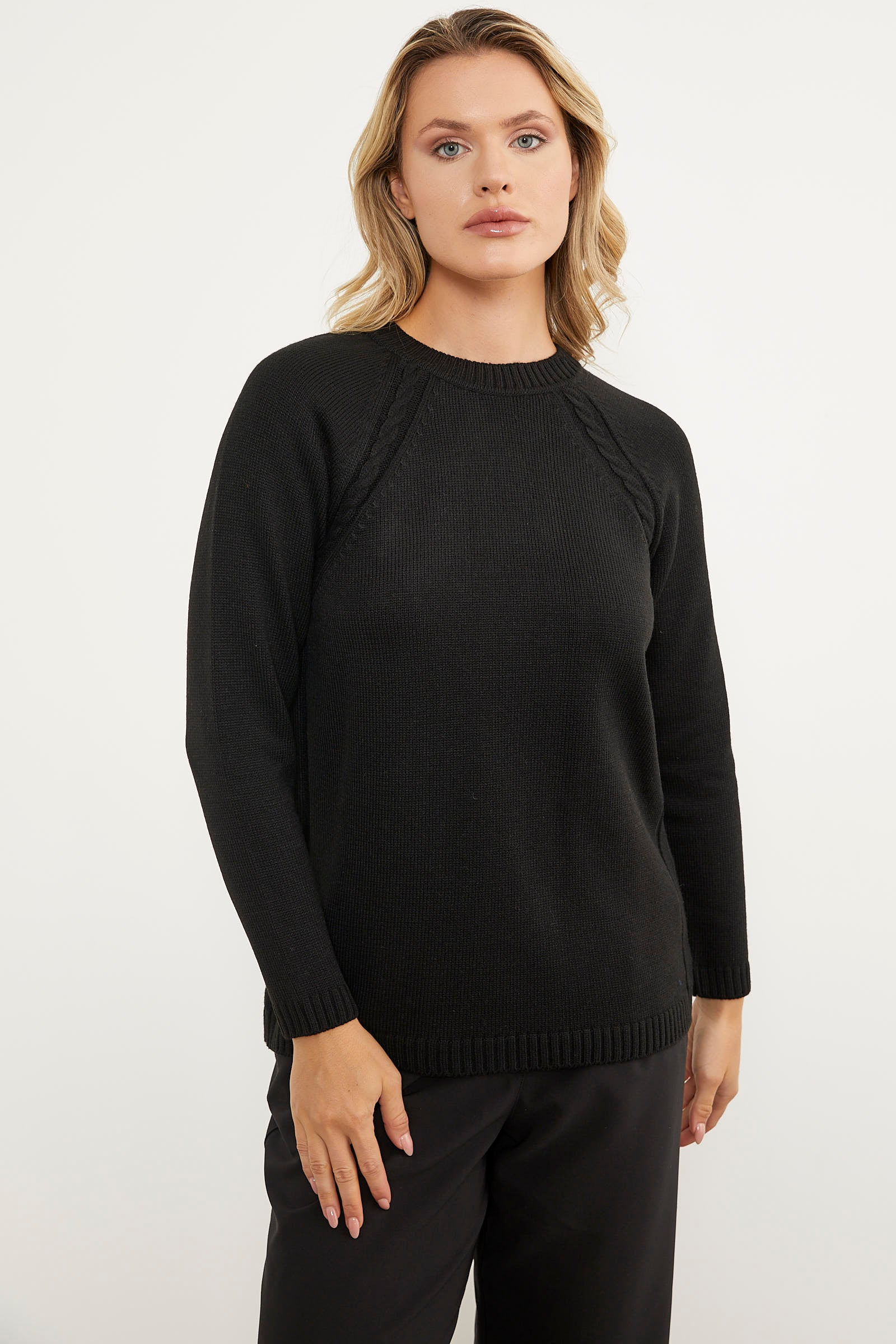 Saç Örgü Detaylı Tunik Triko Kazak - Siyah (1) Sementa