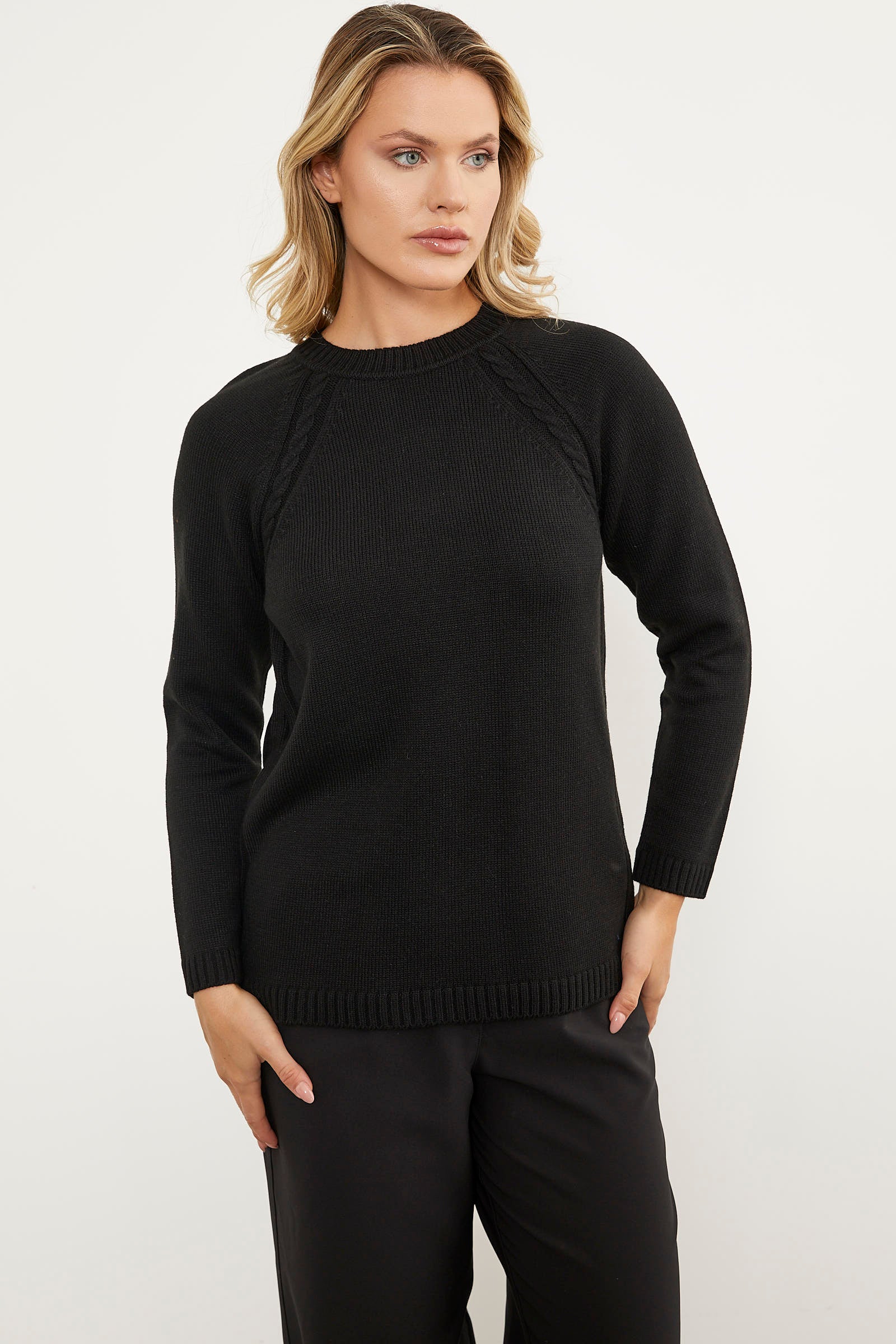 Saç Örgü Detaylı Tunik Triko Kazak - Siyah (2) Sementa