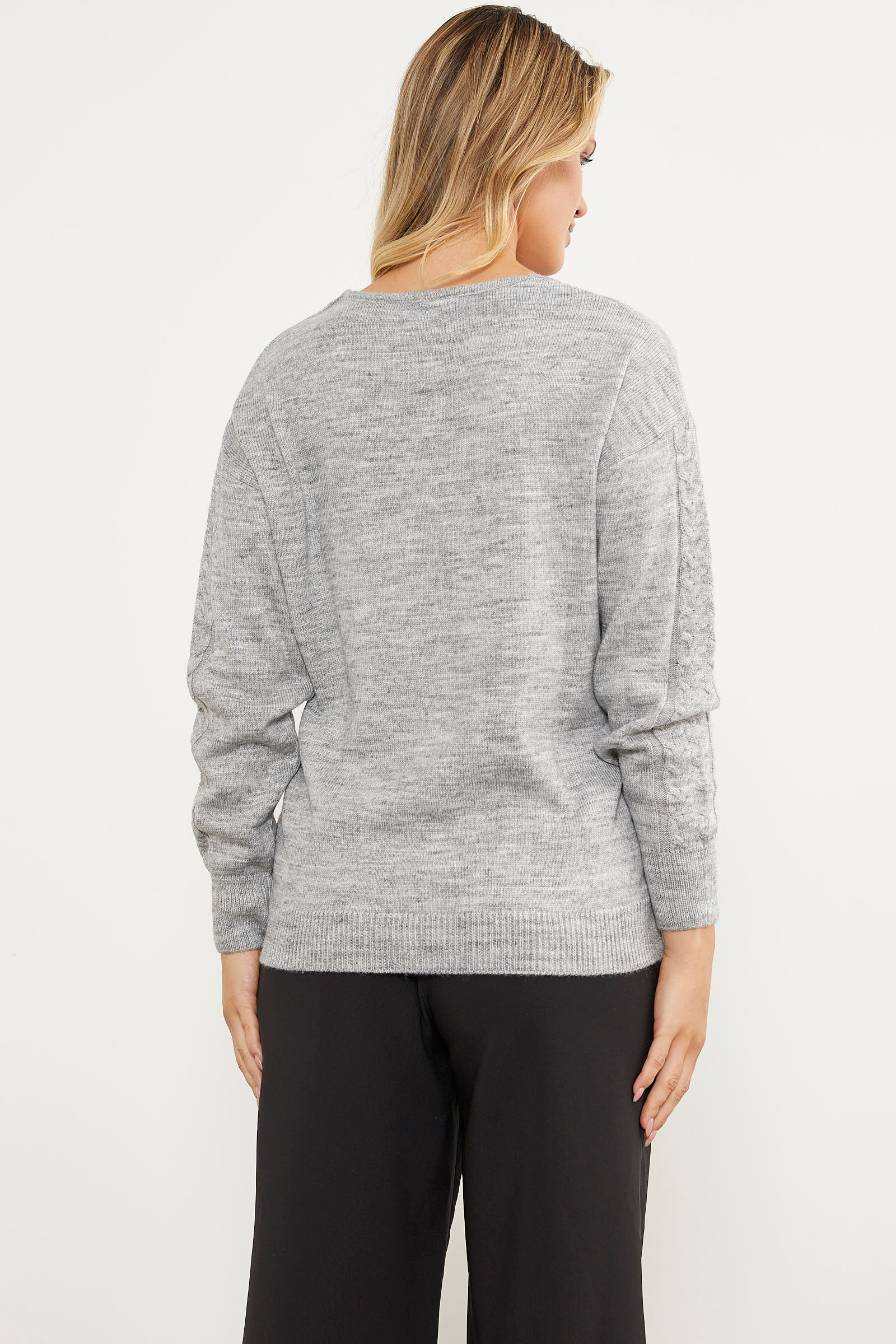 Saç Örgü Detaylı V Yaka Triko Kazak - Gri (5) Sementa