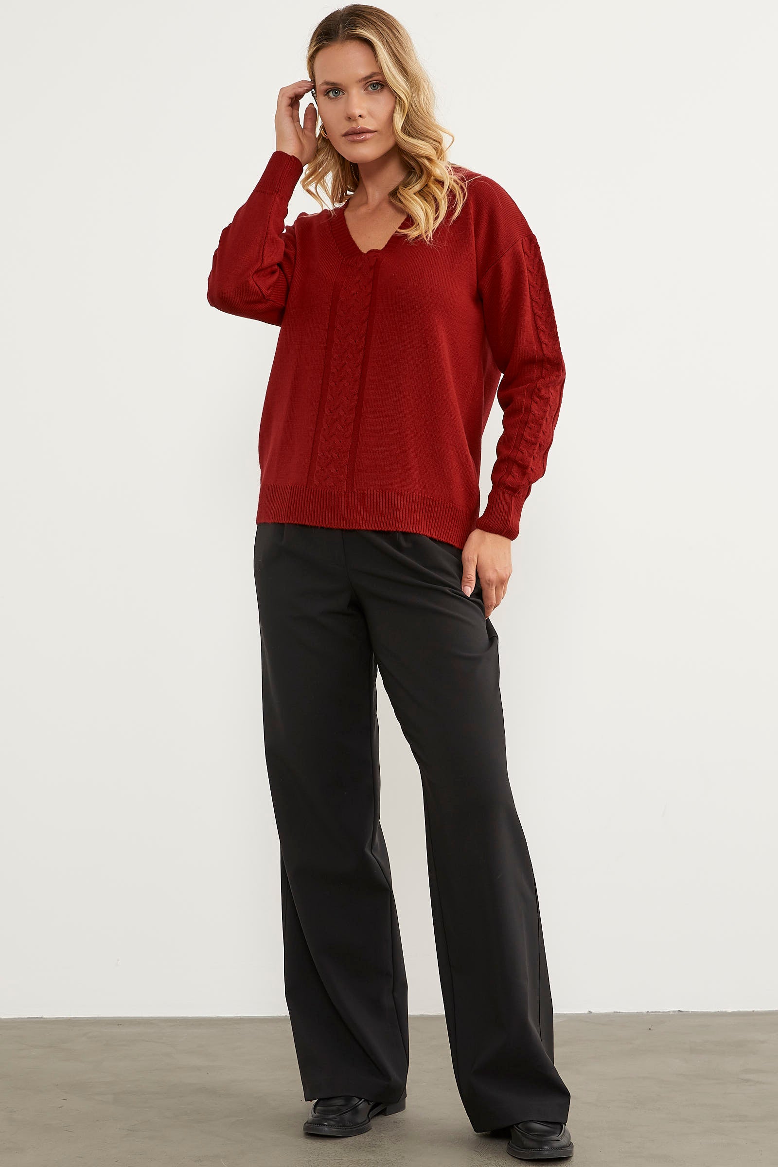 Saç Örgü Detaylı V Yaka Triko Kazak - Kırmızı (6) Sementa