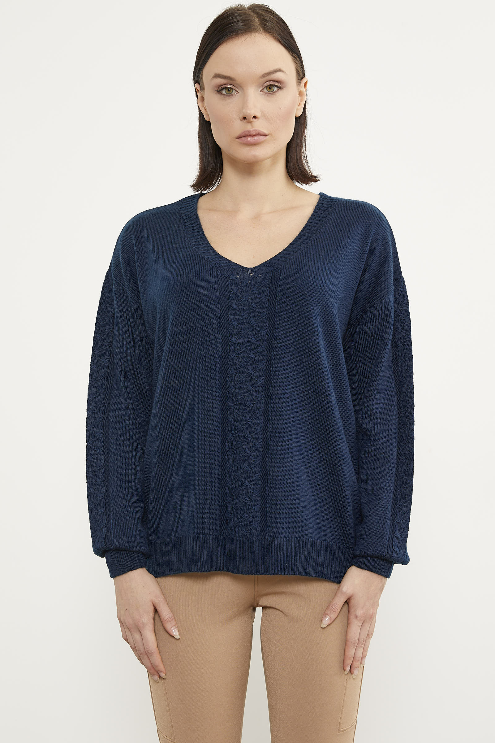 Saç Örgü Detaylı V Yaka Triko Kazak - Lacivert (1) Sementa