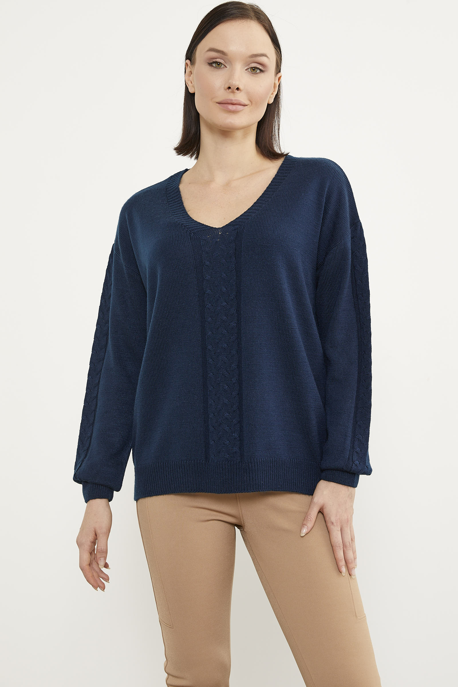 Saç Örgü Detaylı V Yaka Triko Kazak - Lacivert (2) Sementa