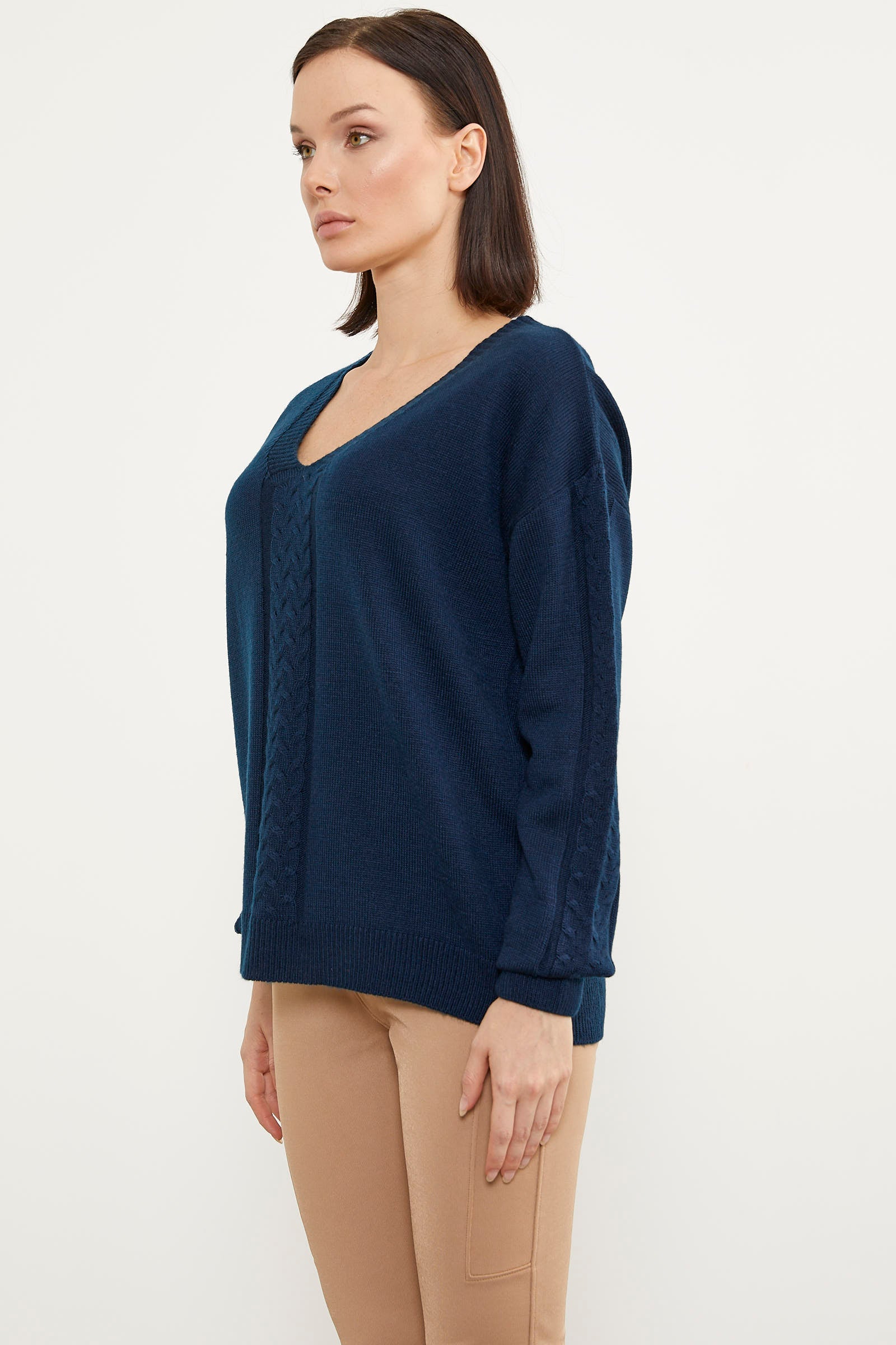 Saç Örgü Detaylı V Yaka Triko Kazak - Lacivert (4) Sementa