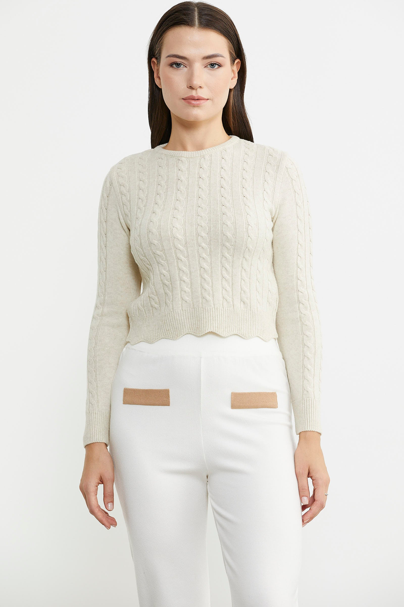 Saç Örgü Dilimli Crop Triko Kazak - Taş - Sementa