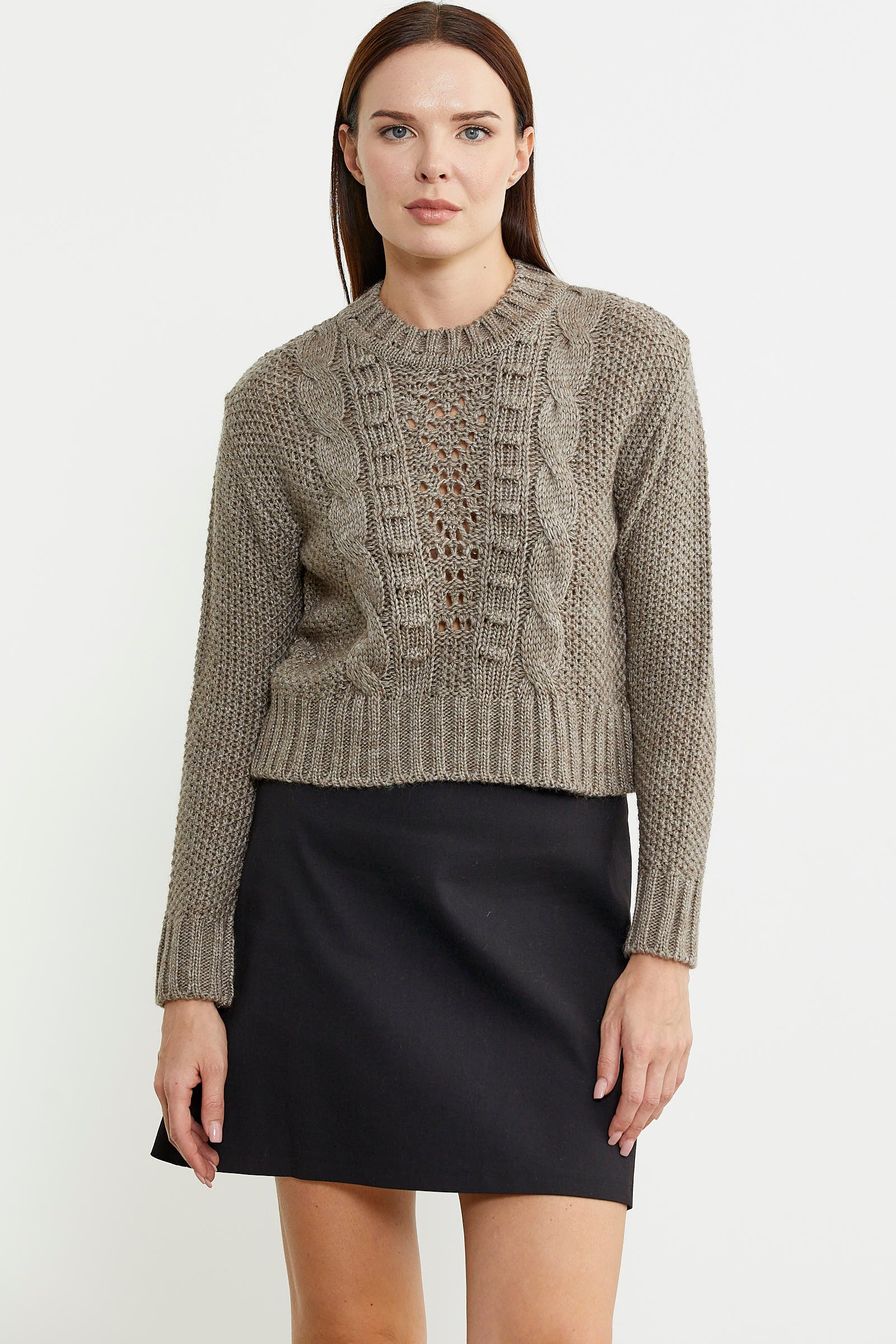 Saç Örgü Motifli Crop Yünlü Triko Kazak - Açık Kahve - Sementa