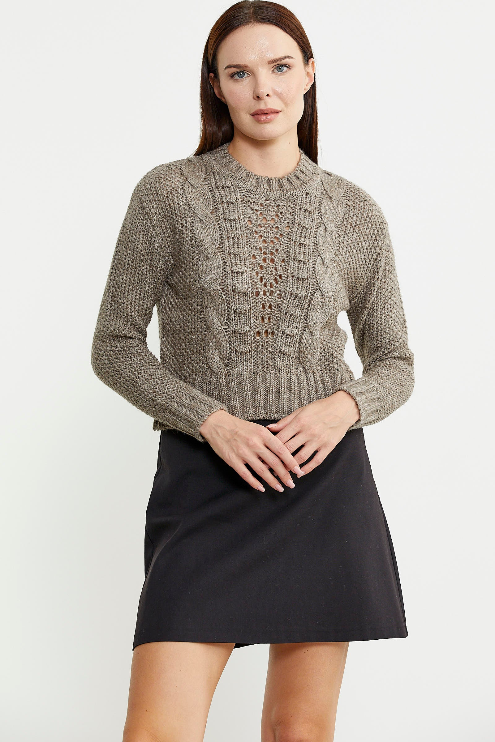 Saç Örgü Motifli Crop Yünlü Triko Kazak - Açık Kahve - Sementa