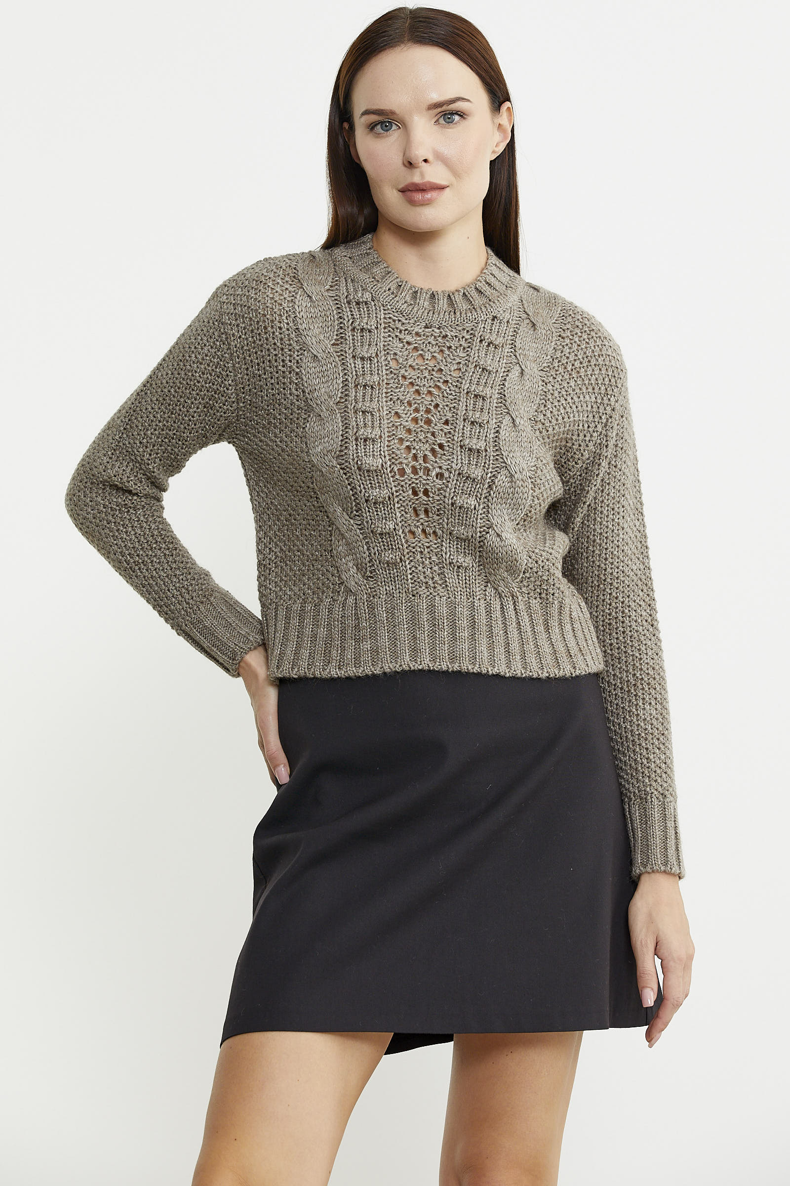 Saç Örgü Motifli Crop Yünlü Triko Kazak - Açık Kahve - Sementa