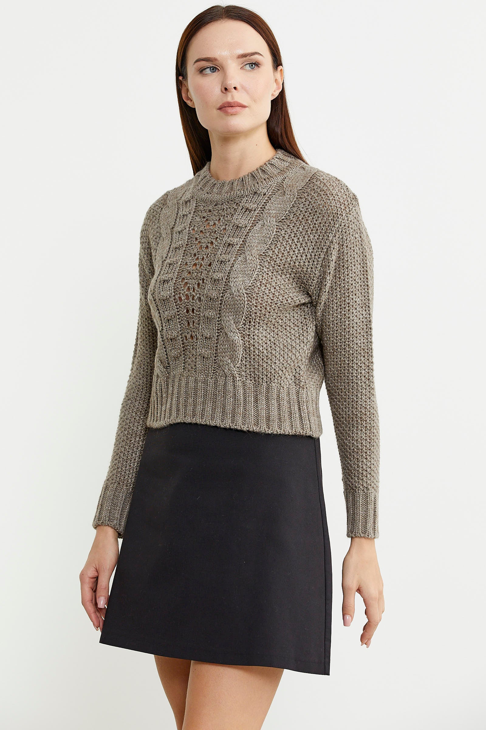 Saç Örgü Motifli Crop Yünlü Triko Kazak - Açık Kahve - Sementa