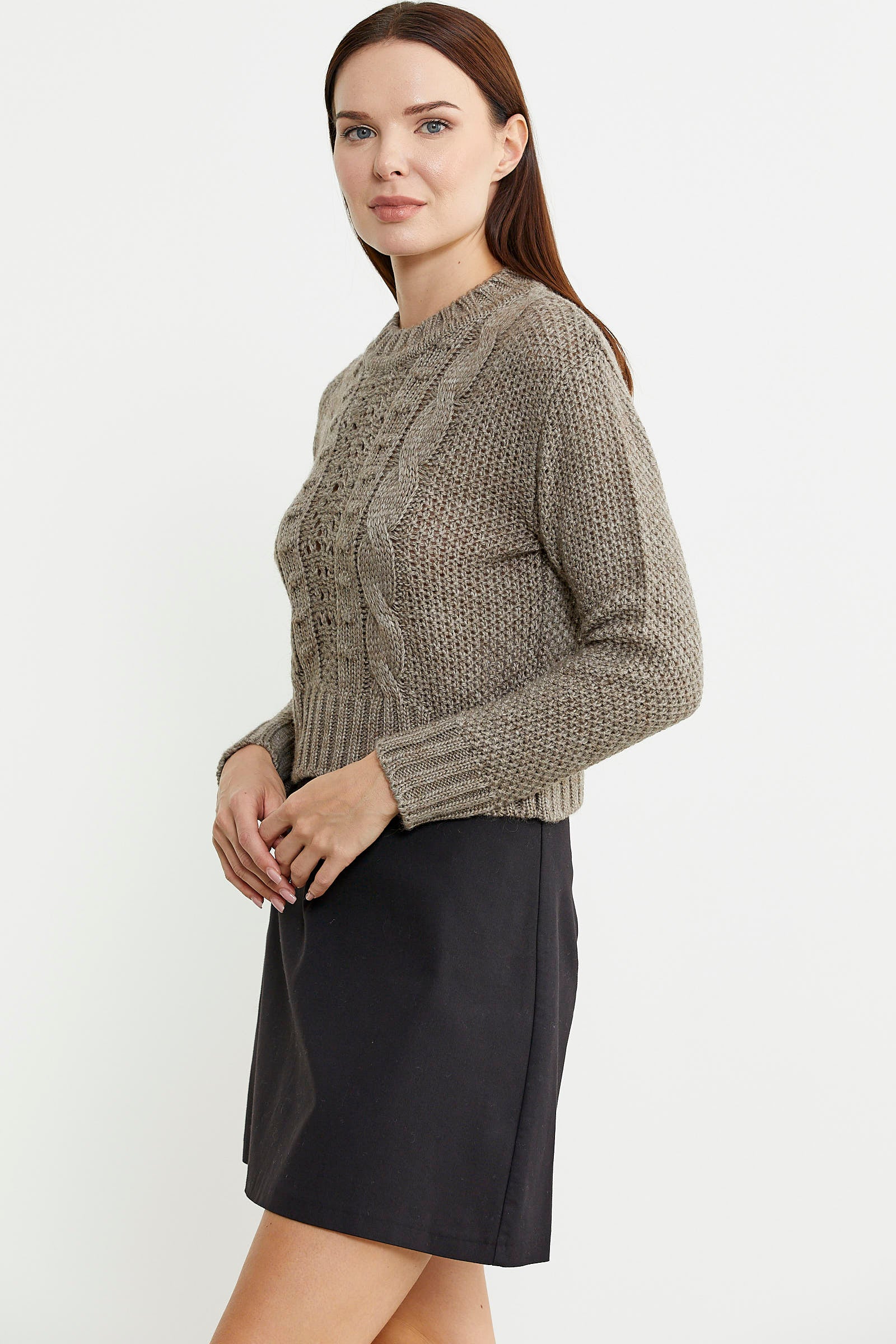 Saç Örgü Motifli Crop Yünlü Triko Kazak - Açık Kahve - Sementa