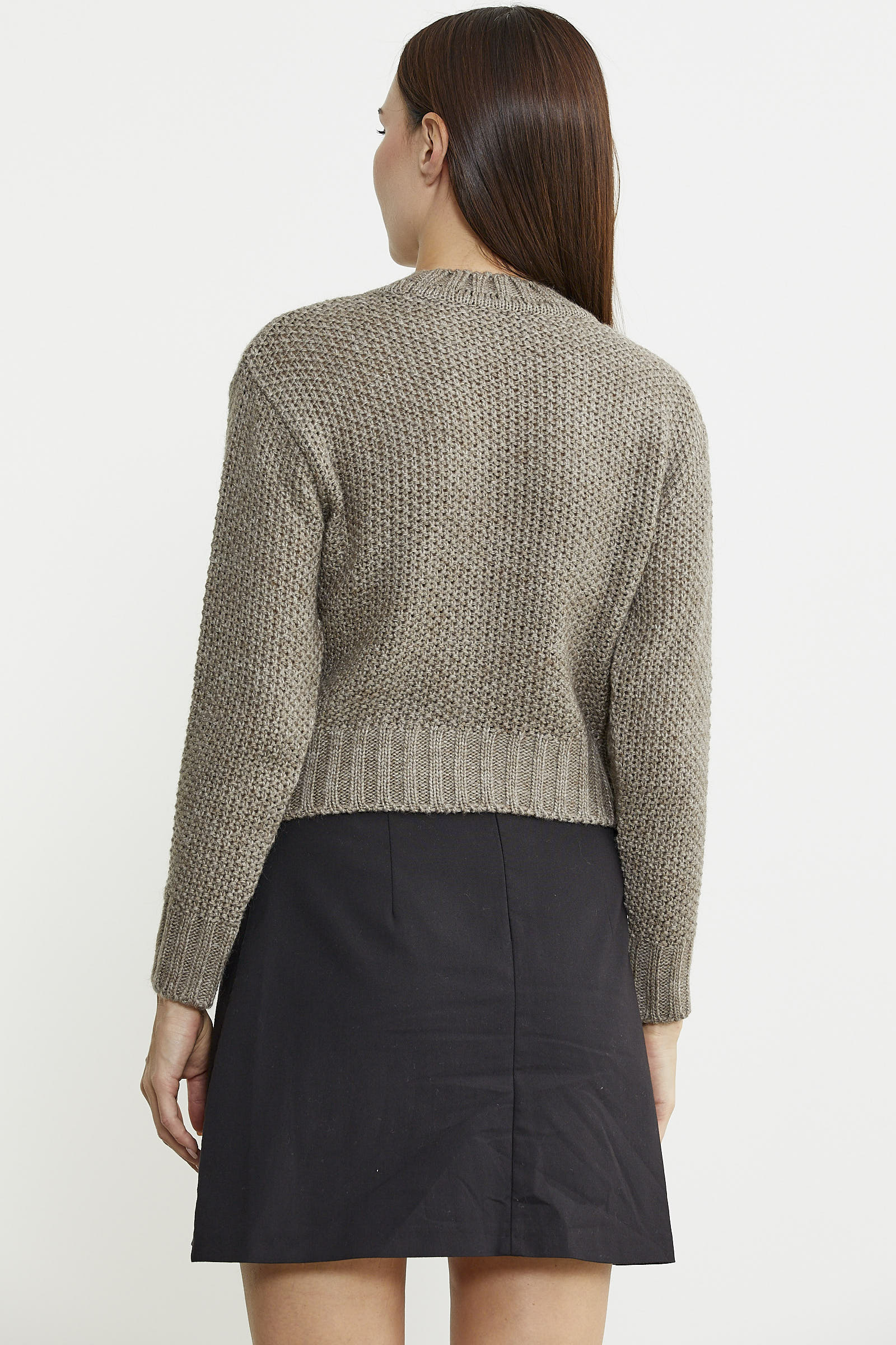 Saç Örgü Motifli Crop Yünlü Triko Kazak - Açık Kahve - Sementa