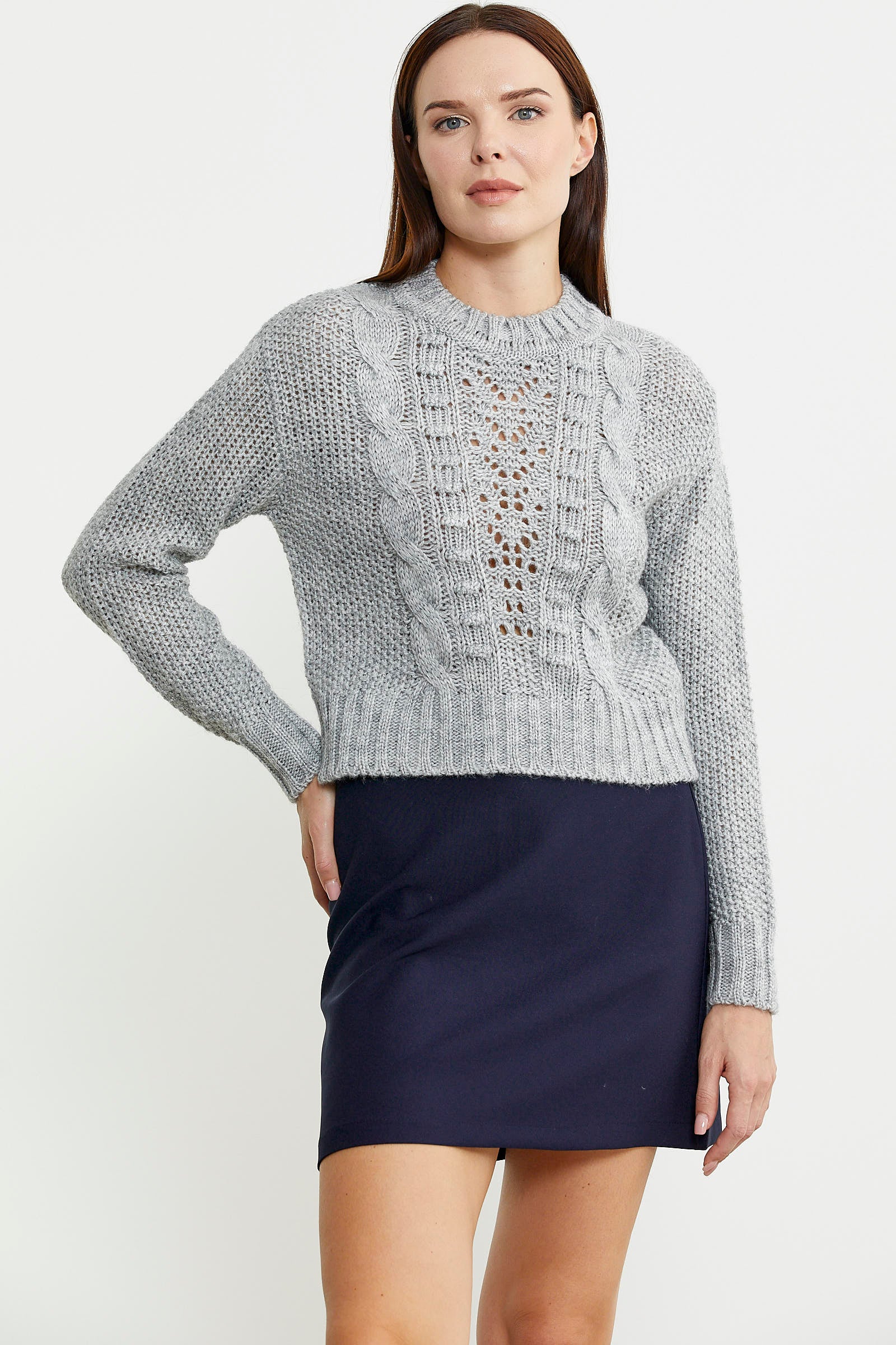 Saç Örgü Motifli Crop Yünlü Triko Kazak - Gri - Sementa