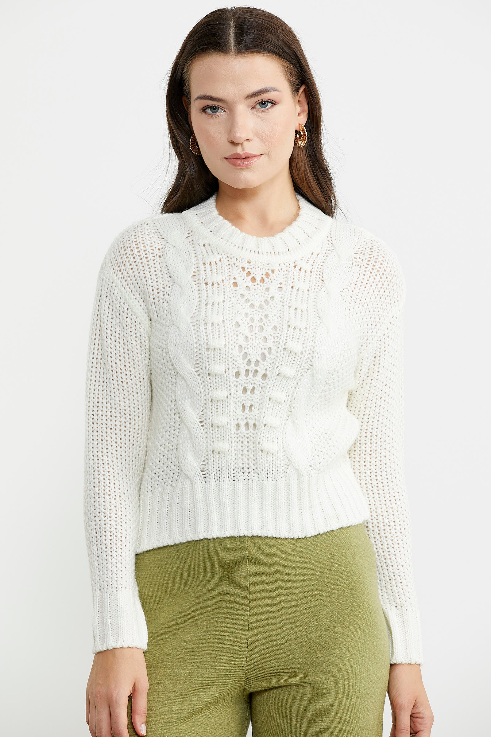 Saç Örgü Motifli Crop Yünlü Triko Kazak - Kemik - Sementa