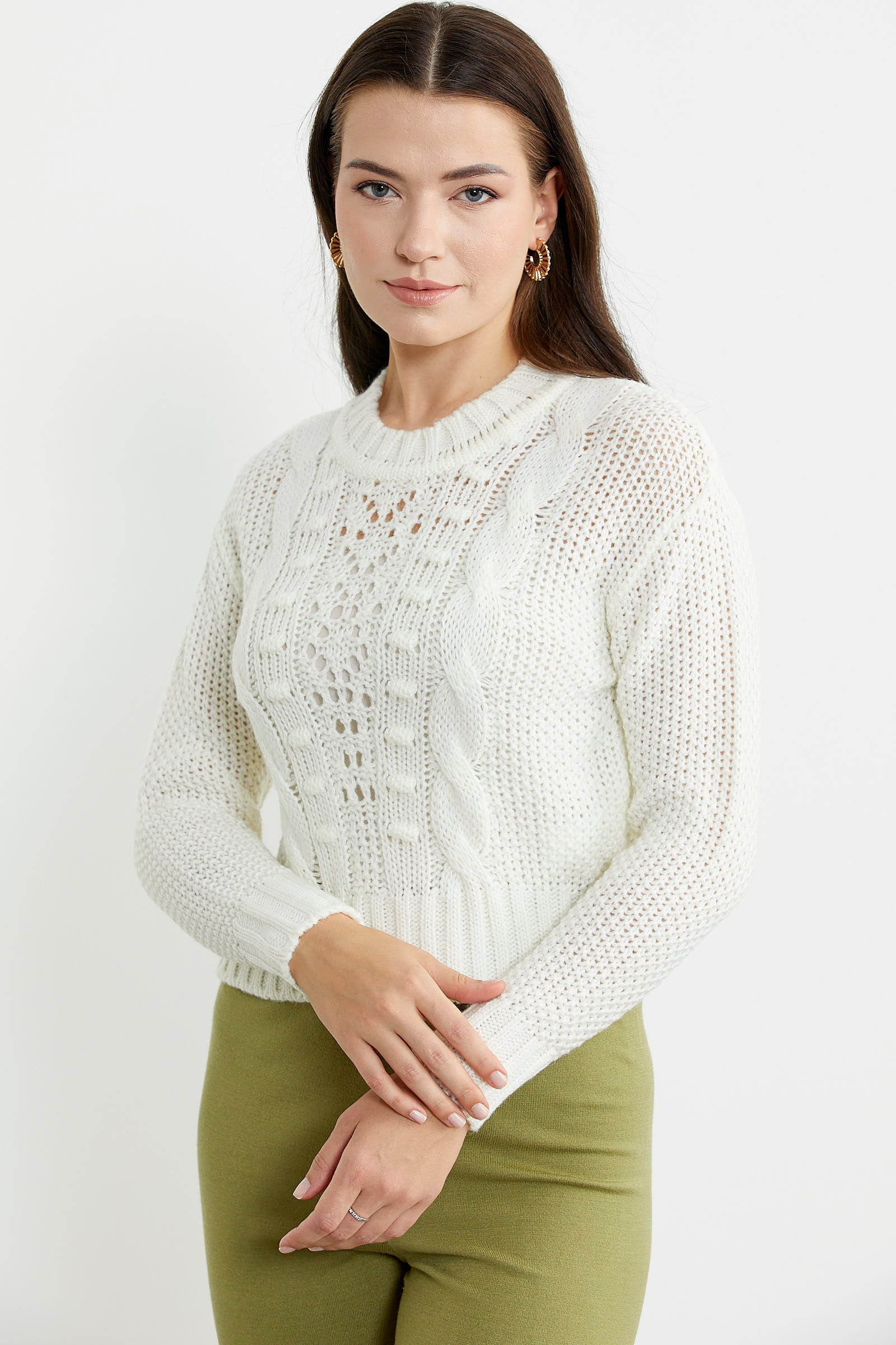 Saç Örgü Motifli Crop Yünlü Triko Kazak - Kemik - Sementa