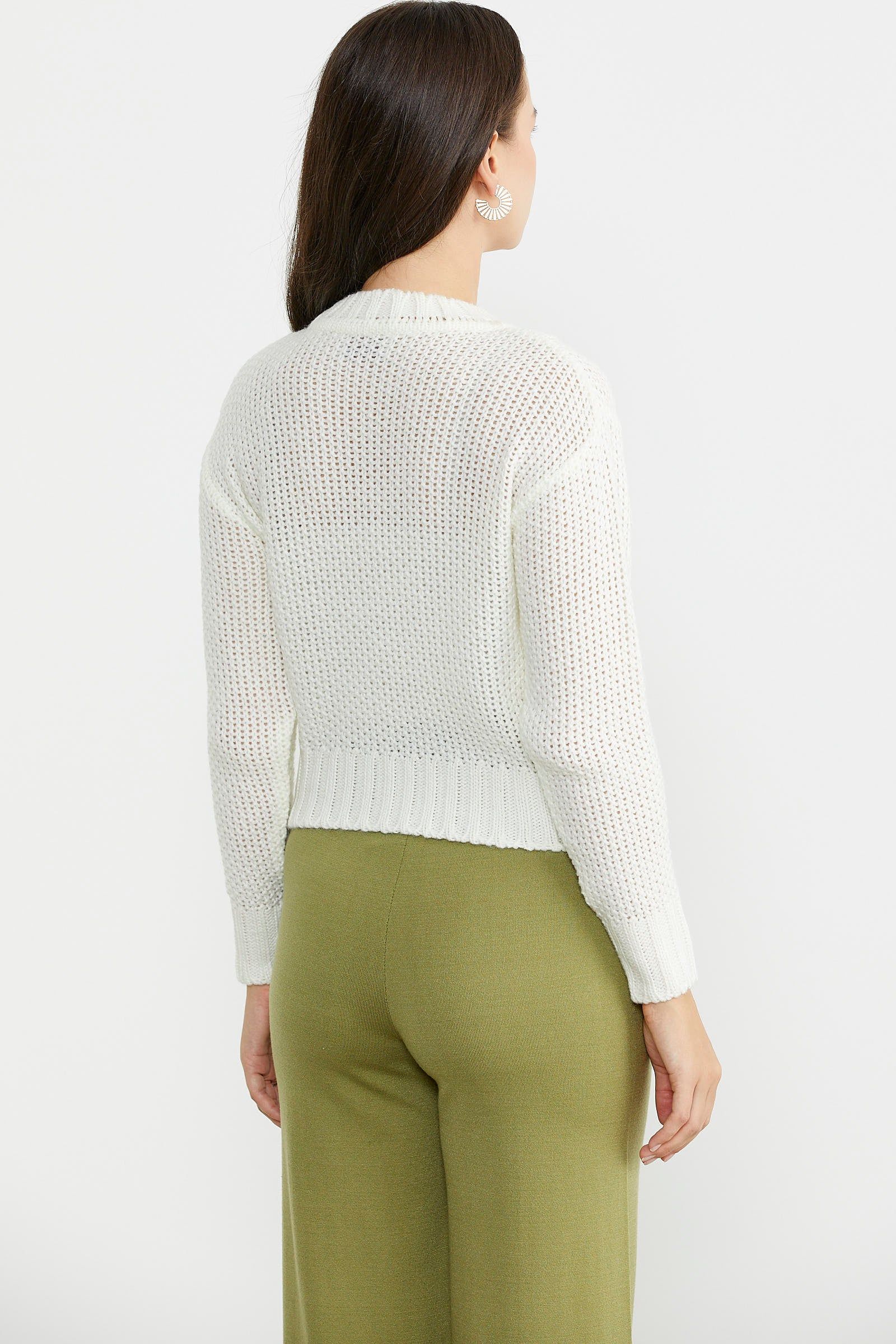 Saç Örgü Motifli Crop Yünlü Triko Kazak - Kemik - Sementa