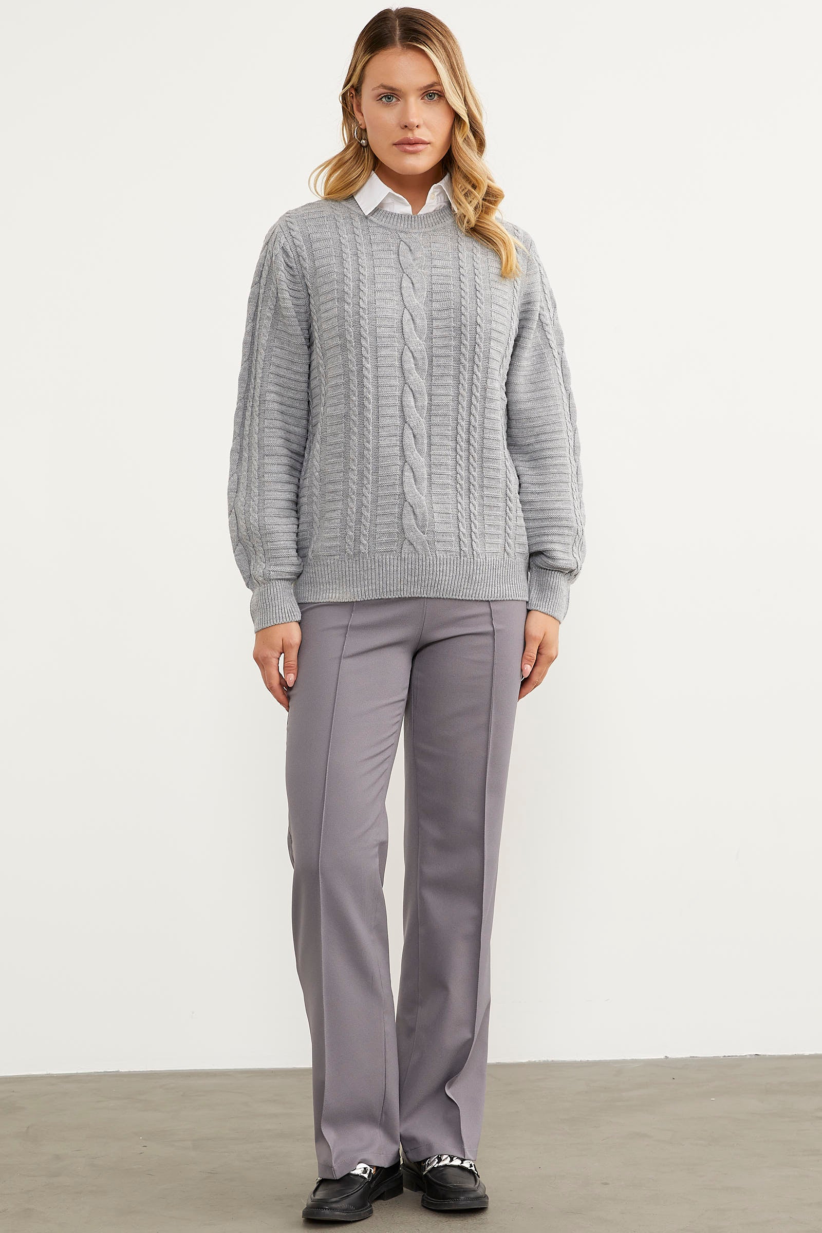 Saç Örgü Sıfır Yaka Triko Kazak - Gri (3) Sementa