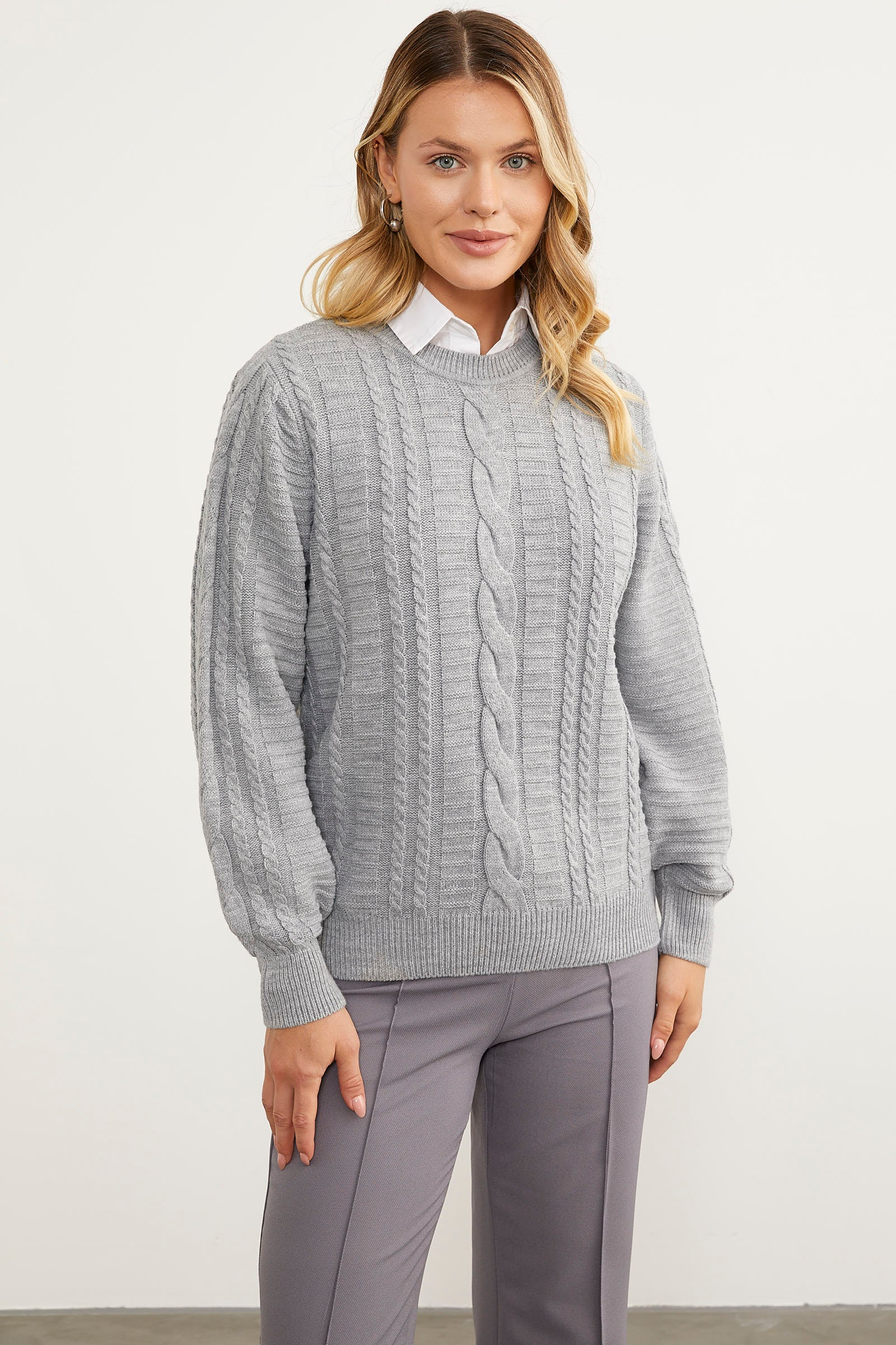 Saç Örgü Sıfır Yaka Triko Kazak - Gri (1) Sementa