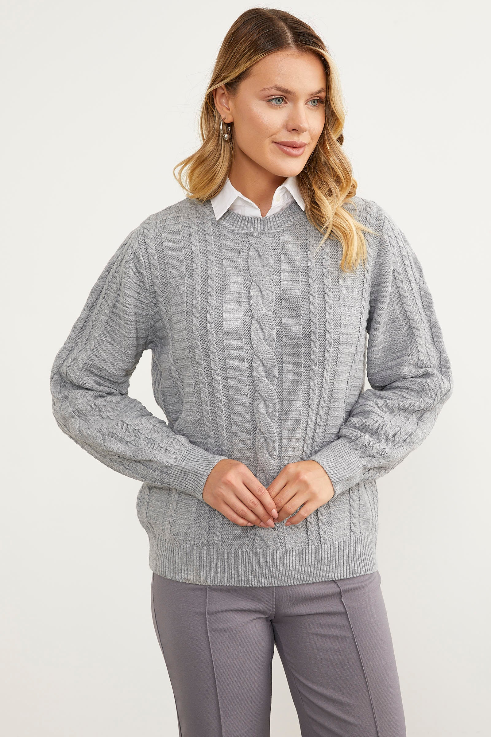 Saç Örgü Sıfır Yaka Triko Kazak - Gri (2) Sementa