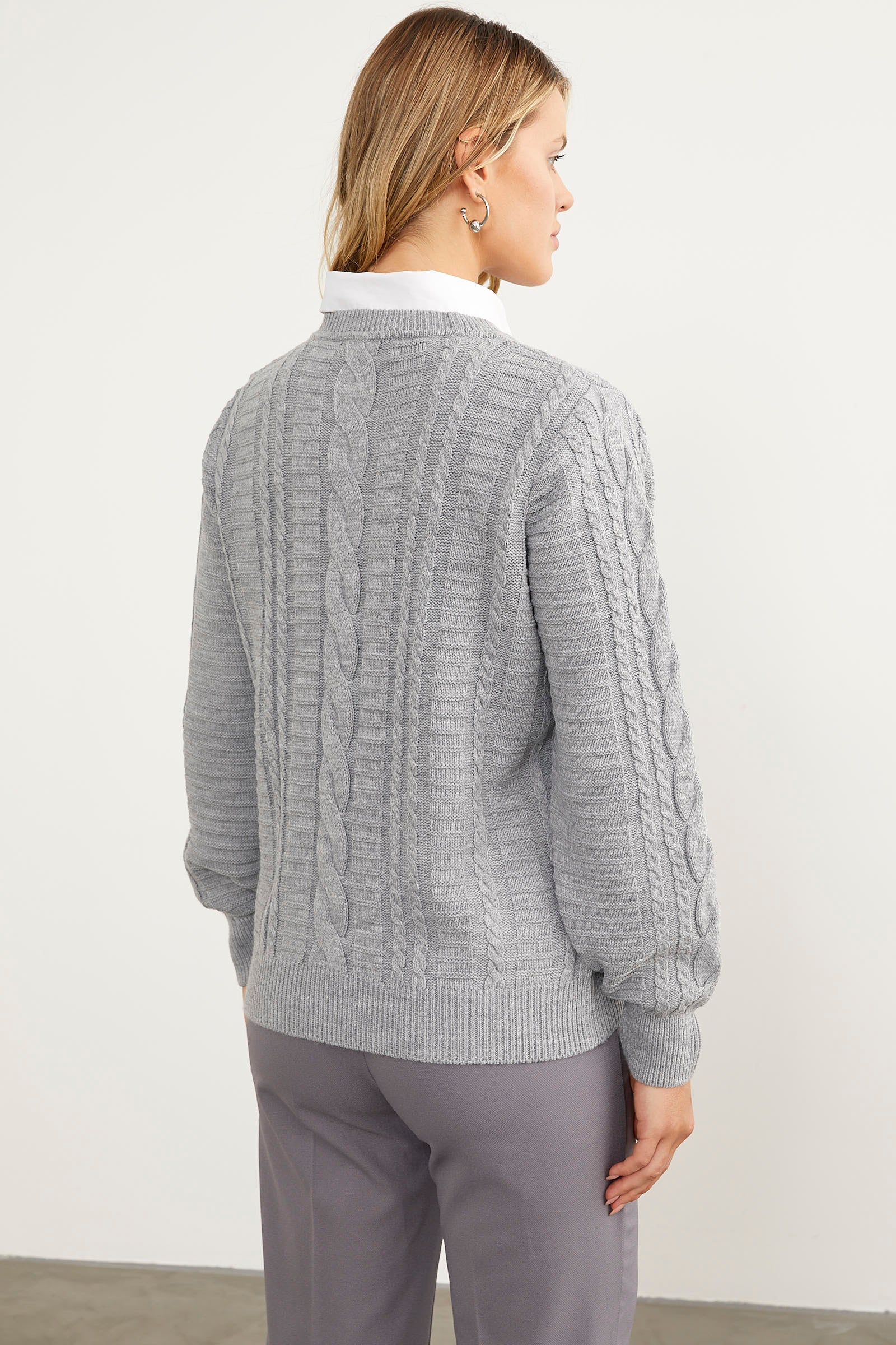 Saç Örgü Sıfır Yaka Triko Kazak - Gri (5) Sementa