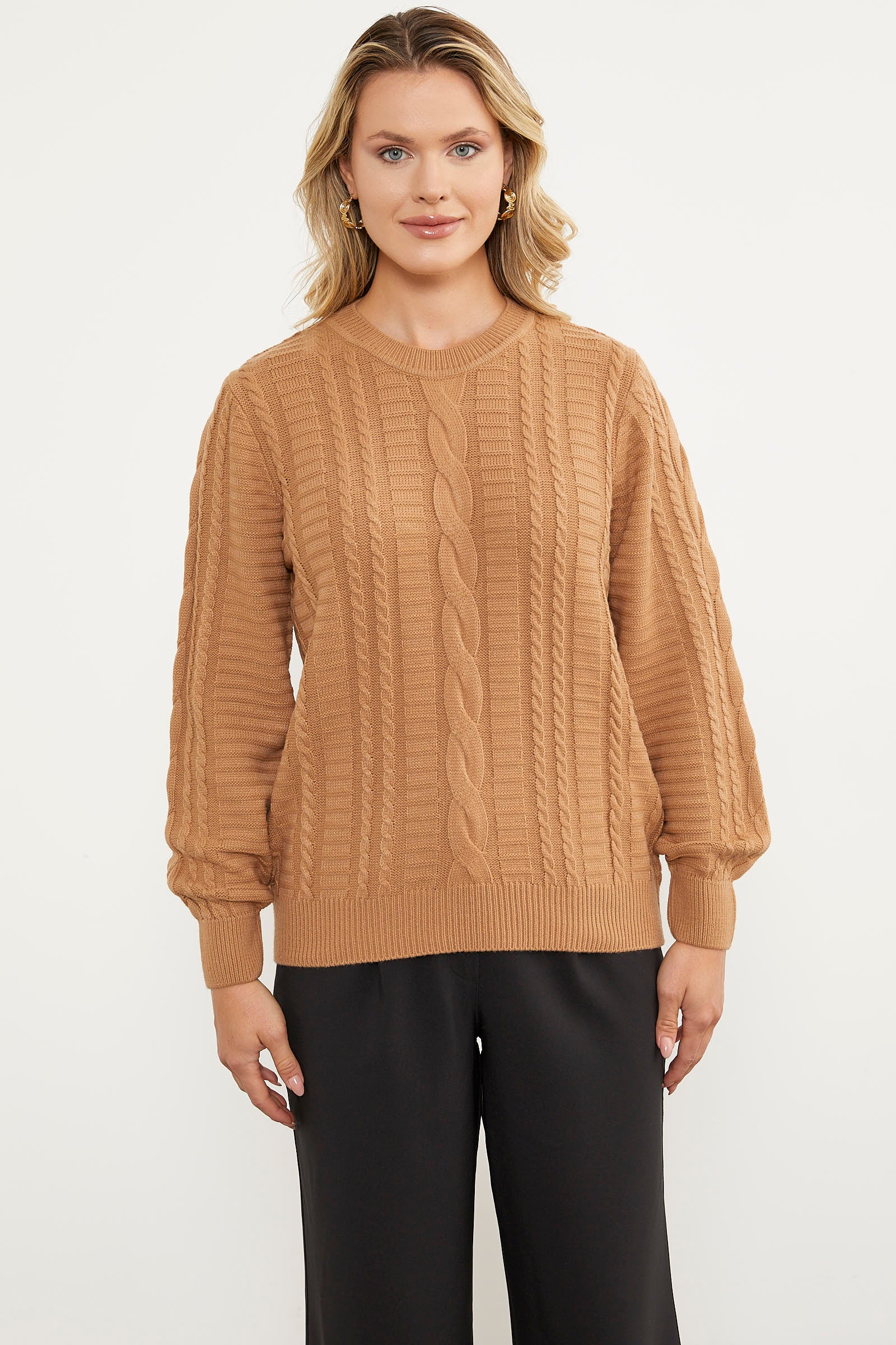 Saç Örgü Sıfır Yaka Triko Kazak - Kamel (4) Sementa