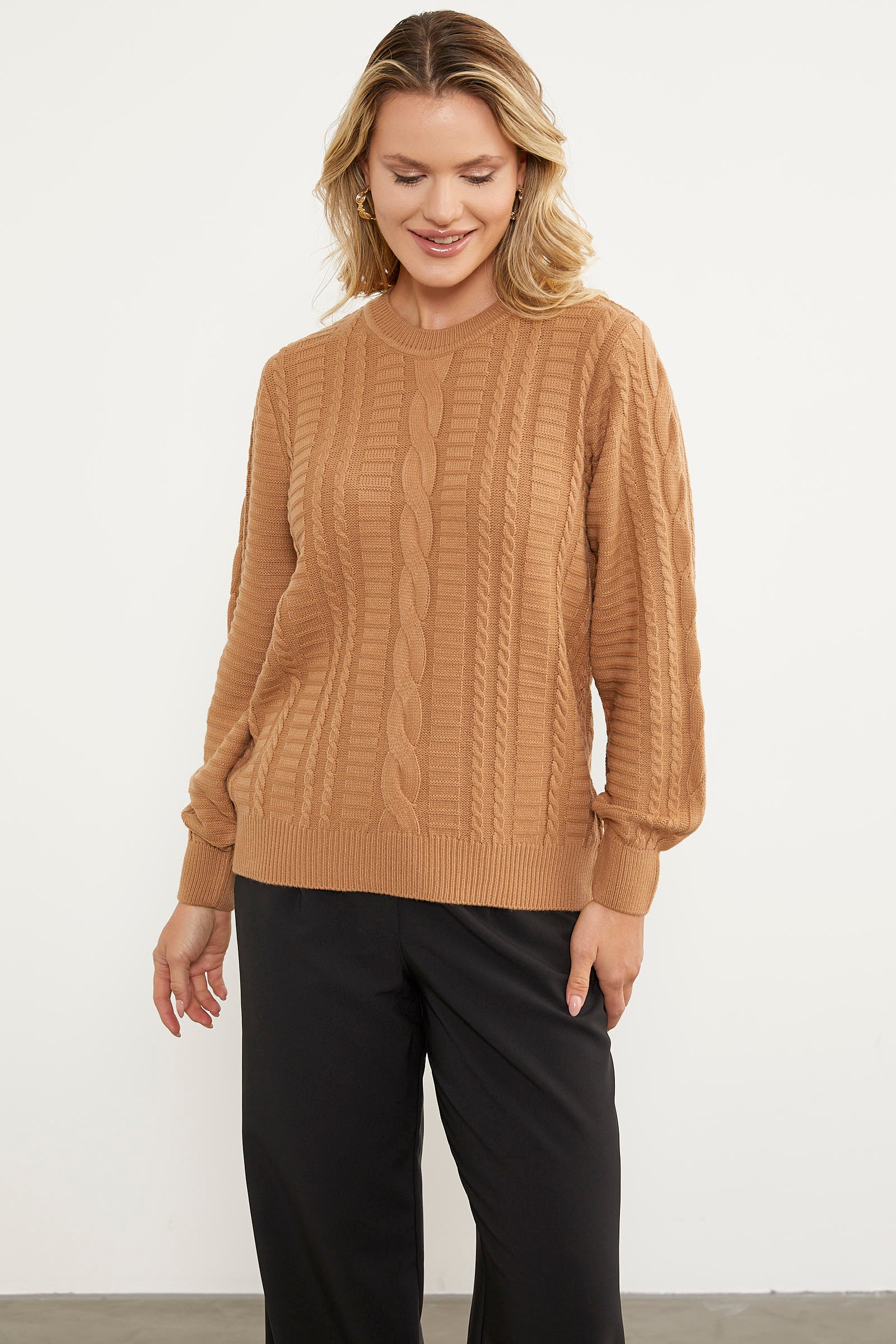 Saç Örgü Sıfır Yaka Triko Kazak - Kamel (2) Sementa