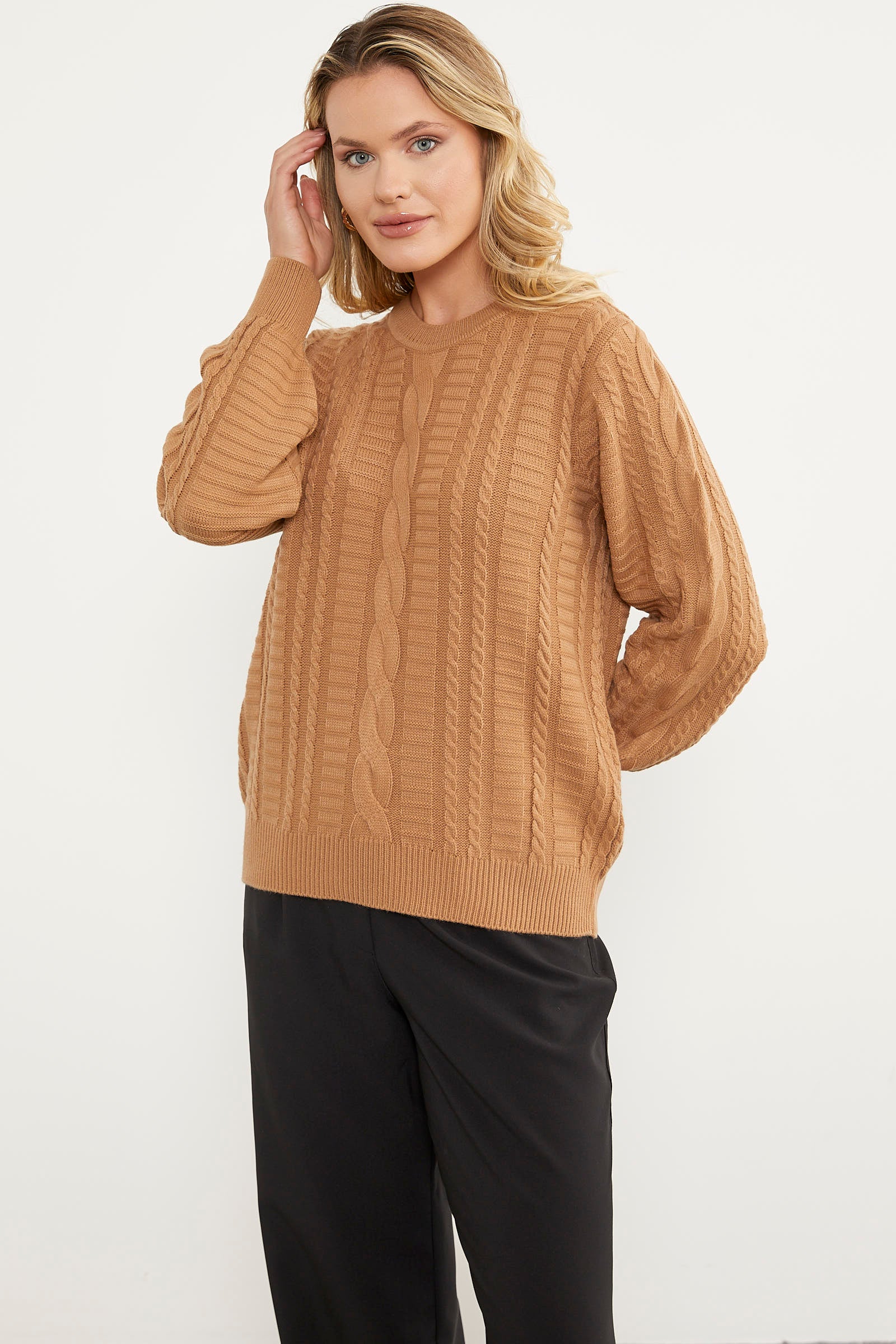 Saç Örgü Sıfır Yaka Triko Kazak - Kamel (3) Sementa