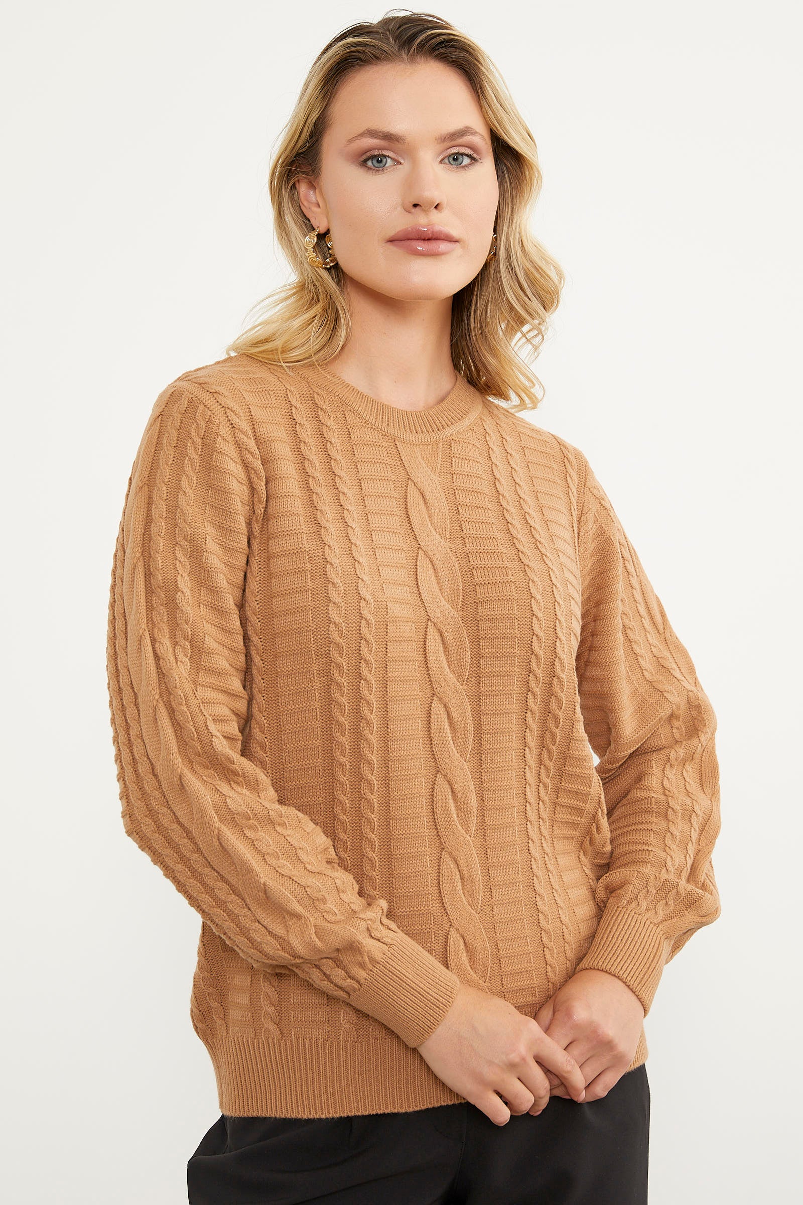 Saç Örgü Sıfır Yaka Triko Kazak - Kamel (1) Sementa