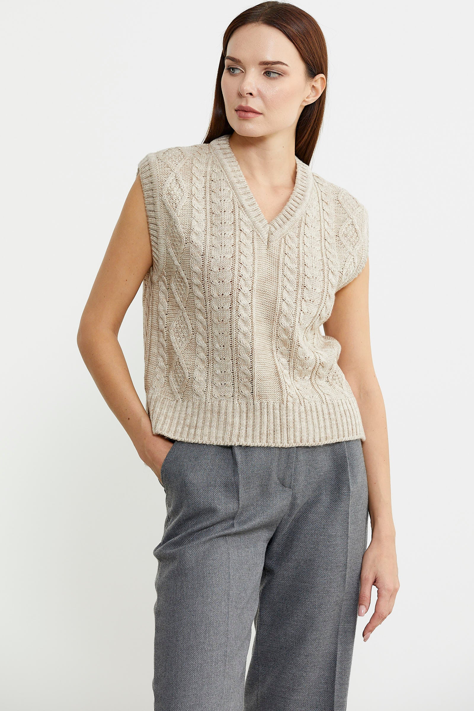 Saç Örgülü Arkası Uzun Yünlü Triko Süveter - Bej - Sementa