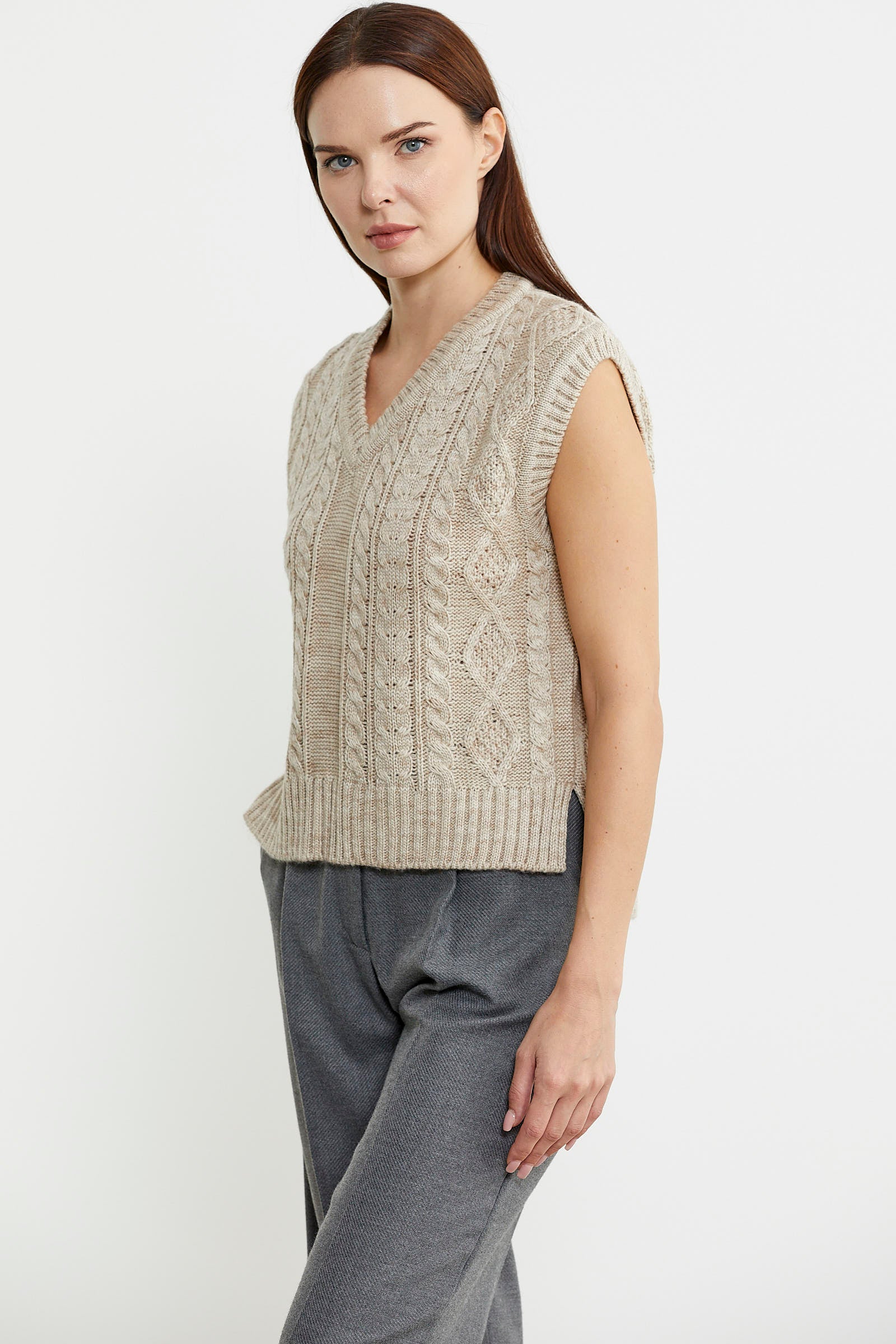 Saç Örgülü Arkası Uzun Yünlü Triko Süveter - Bej - Sementa