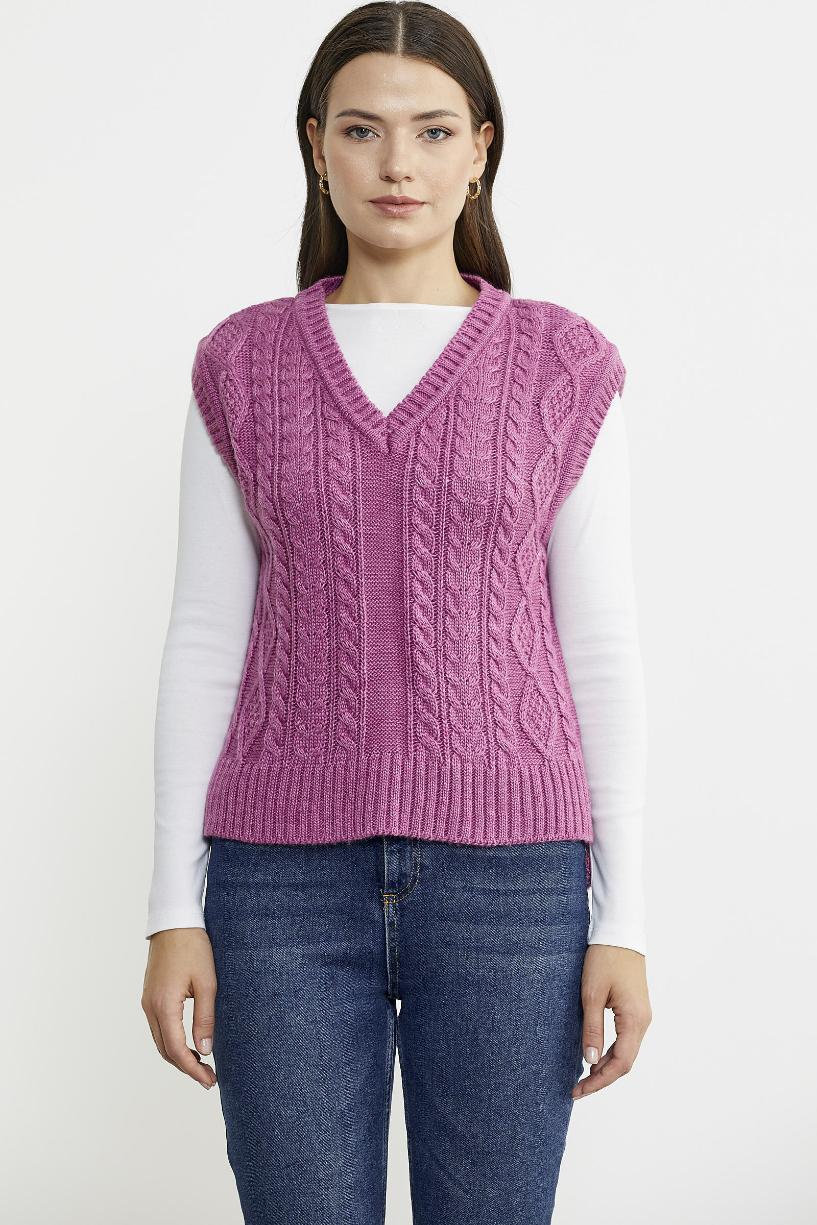 Saç Örgülü Arkası Uzun Yünlü Triko Süveter - Gül - Sementa